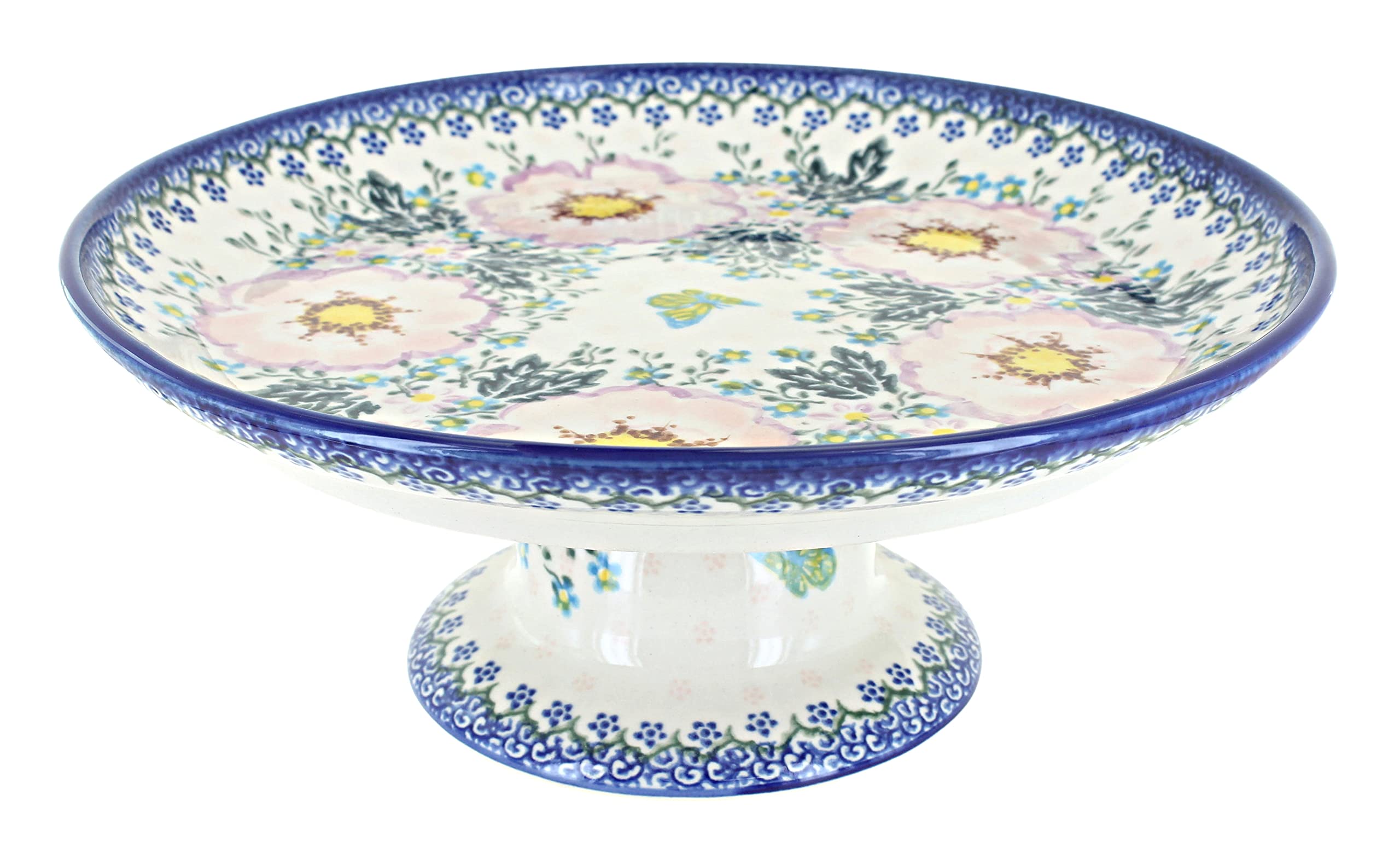 Hand-Painted Blue Rose Polish Pottery Apple Blossom Cake Plate - Elegant Floral Design for Desserts, Tea Parties & Home Decor