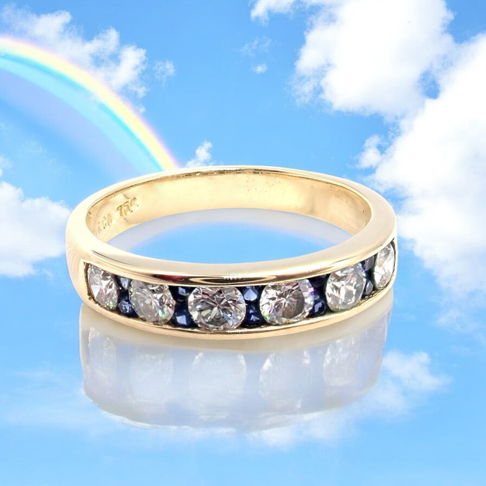 Authentic Tiffany & Co 18k Yellow Gold 1.20ctw Diamond & Sapphire Band Ring - Size 5 | Luxury Wedding, Engagement & Anniversary Jewelry Gift