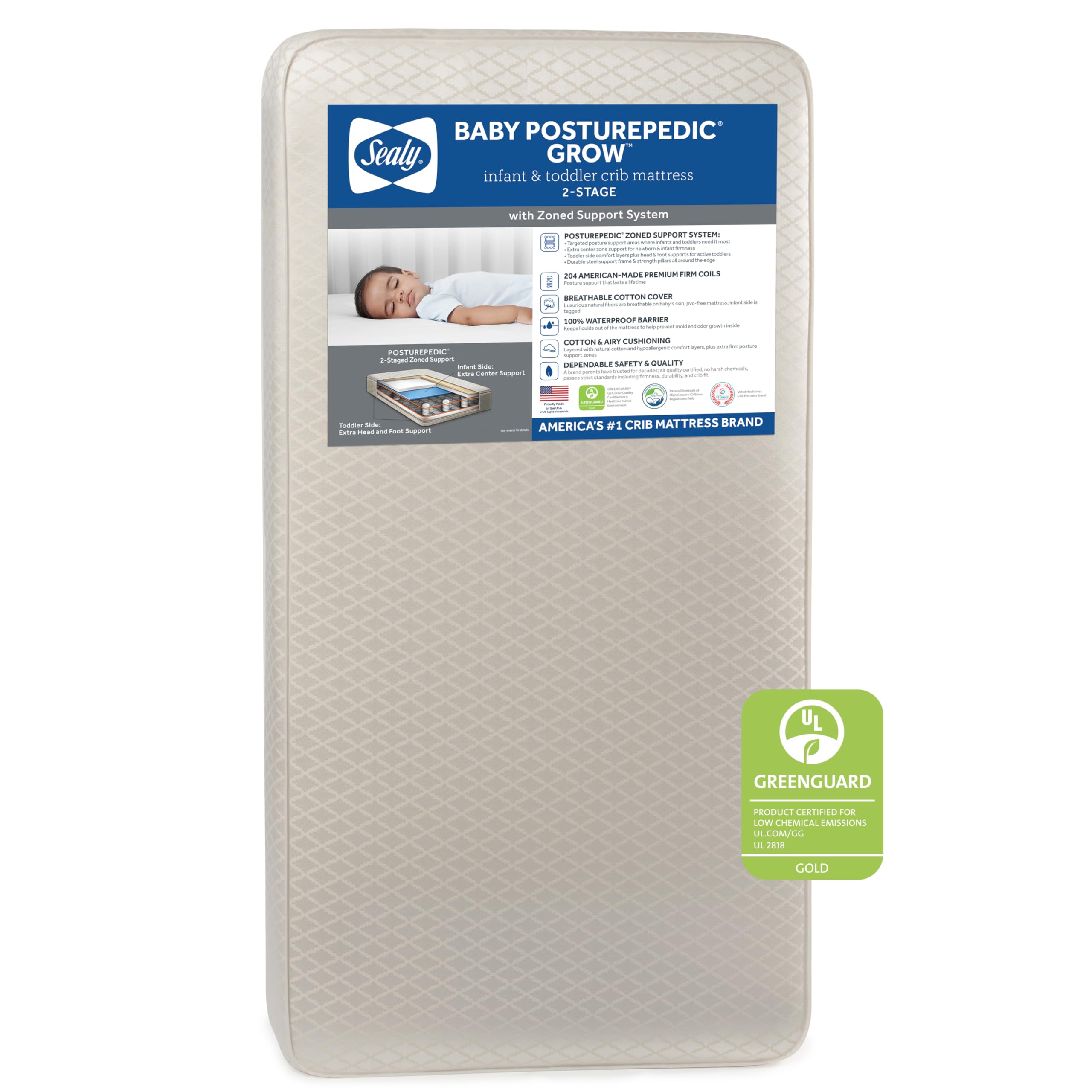 Sealy Baby Posturepedic Grow Breathable 2-Stage Waterproof Crib Mattress & Toddler Bed - Non-Toxic Cotton Cover, GREENGUARD Gold Certified, Safety Tested, Made in USA (52
