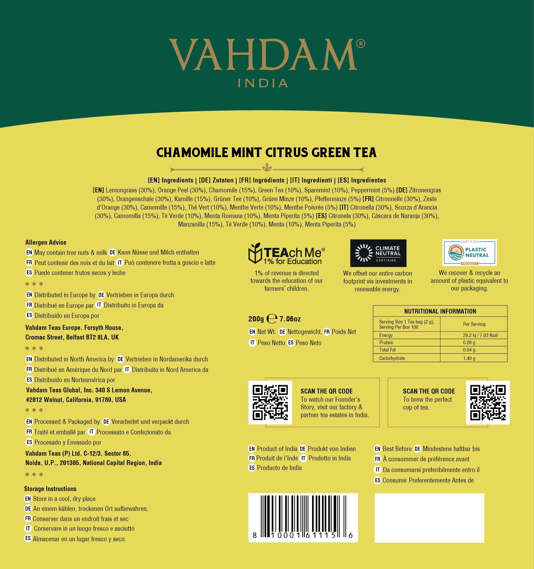 VAHDAM Chamomile Mint Citrus Green Tea Bags (100 Count) - Low Caffeine, Non-GMO, Gluten Free, Sweet Floral Herbal Tea | Resealable Ziplock Pouch for Freshness | Perfect for Relaxation, Stress Relief & Afternoon Tea Time