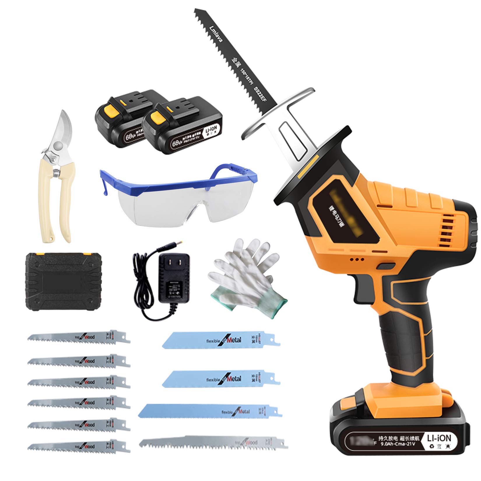 XLOO 21V Cordless Reciprocating Saw with 10 Saw Blades - 15mm Stroke, Tool-Free Blade Change - Perfect for Cutting Wood, Metal & Plastic - Ideal for DIY Projects, Construction & Home Renovation