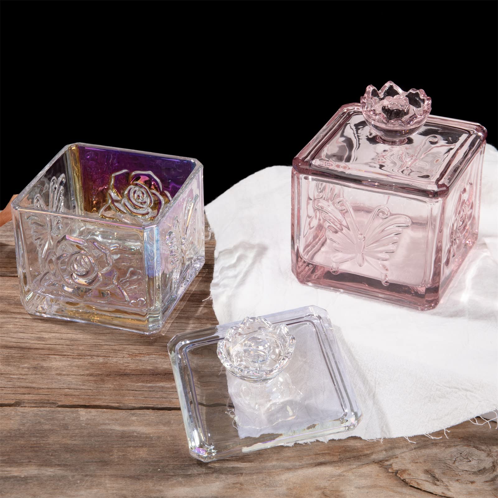 Iridescent Glass Candy Dish with Lid - 14oz Clear Embossed Candy Jar for Office & Home Decor - Elegant Candy Bowl for Parties, Weddings & Gifts (Irised Glass)