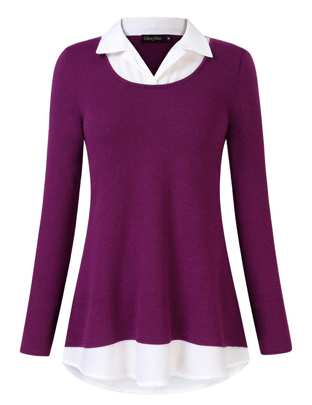 GloryStar Women's Long Sleeve Patchwork Blouse with Contrast Collar - Stylish Work Tunic Top for Office, Business Casual & Everyday Wear