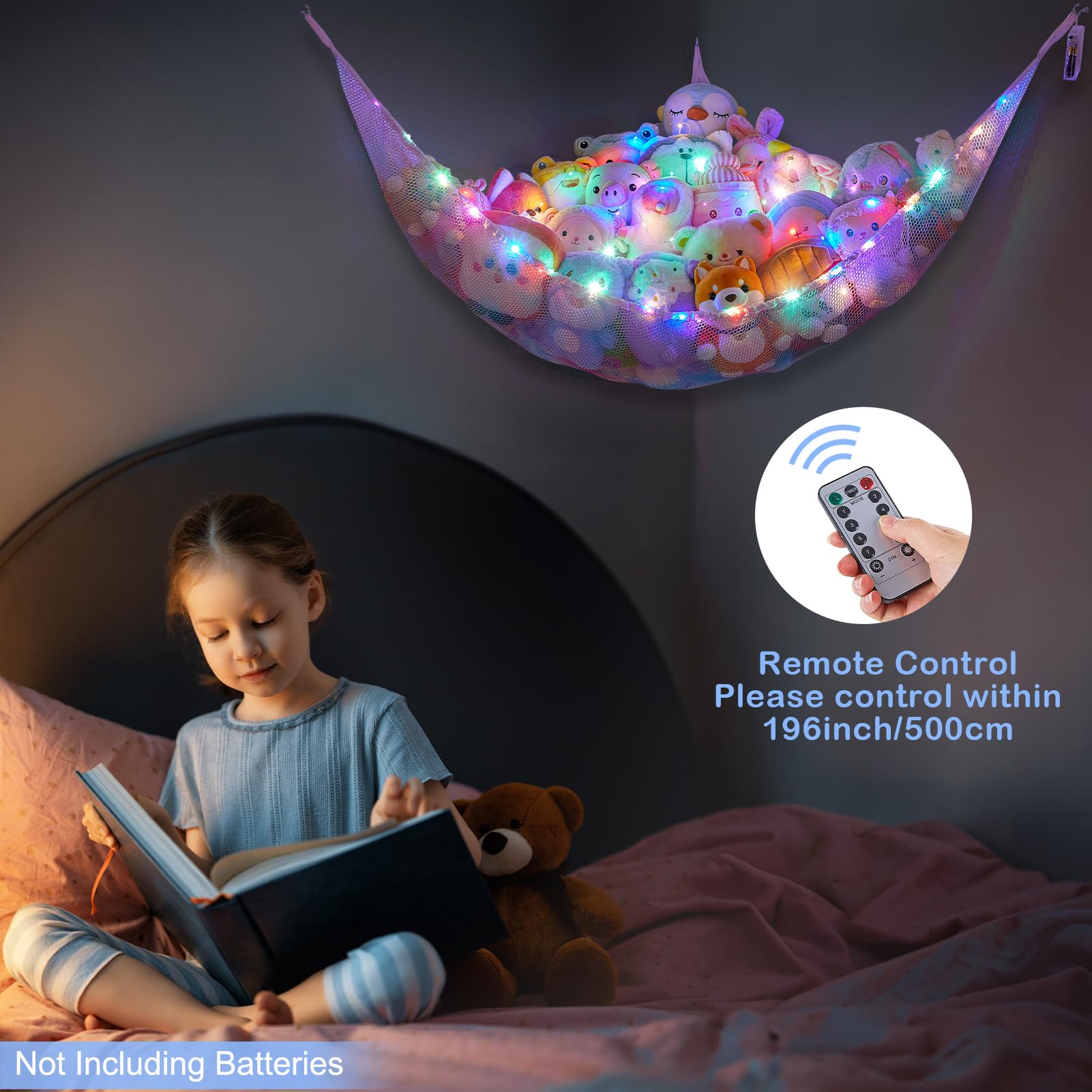 **Basumee LED Stuffed Animal Hammock with Remote Control - 8 Color Changing Lights, Hanging Toy Storage Net for Kids Room & Nursery - Perfect for Organizing Plush Toys, Stuffed Animals & Soft Toys**