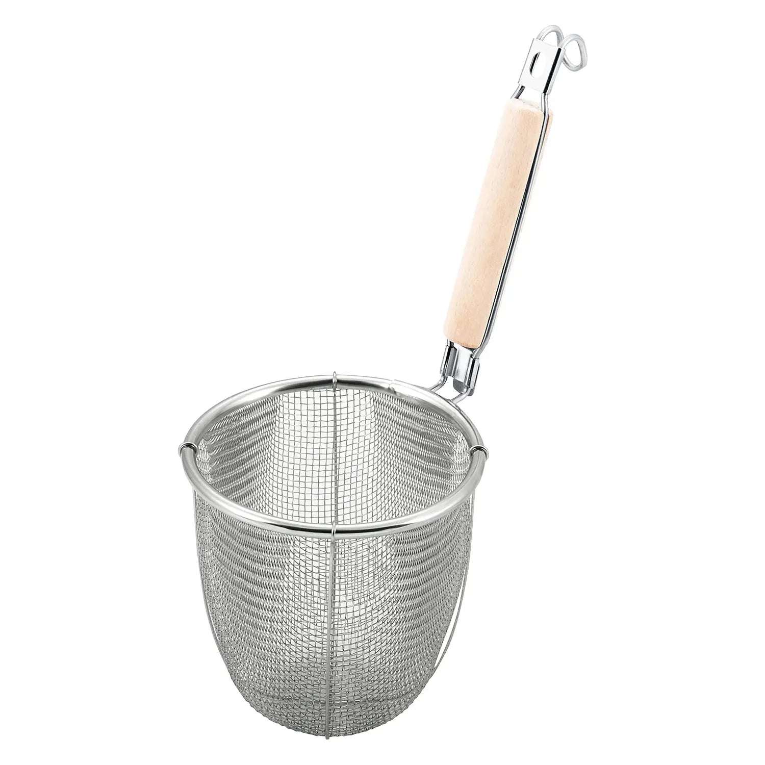 Premium Stainless Steel Udon Noodle Strainer with Wooden Handle - Round Base Pasta Colander for Asian Noodles, Ramen & Spaghetti - Ideal for Home Kitchens & Restaurants