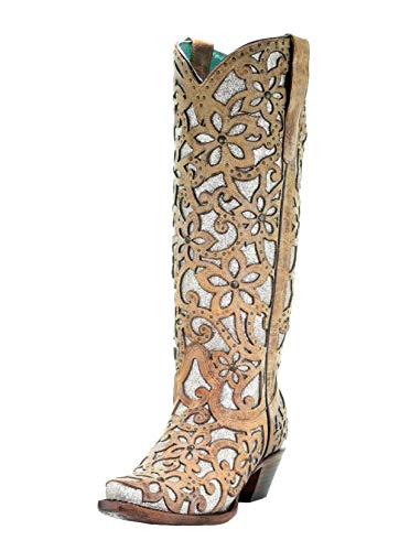 CORRAL A3673 Women's Sand Floral Glitter Inlay Cowgirl Boots - Western Fashion for Rodeo, Country Music Festivals & Everyday Wear