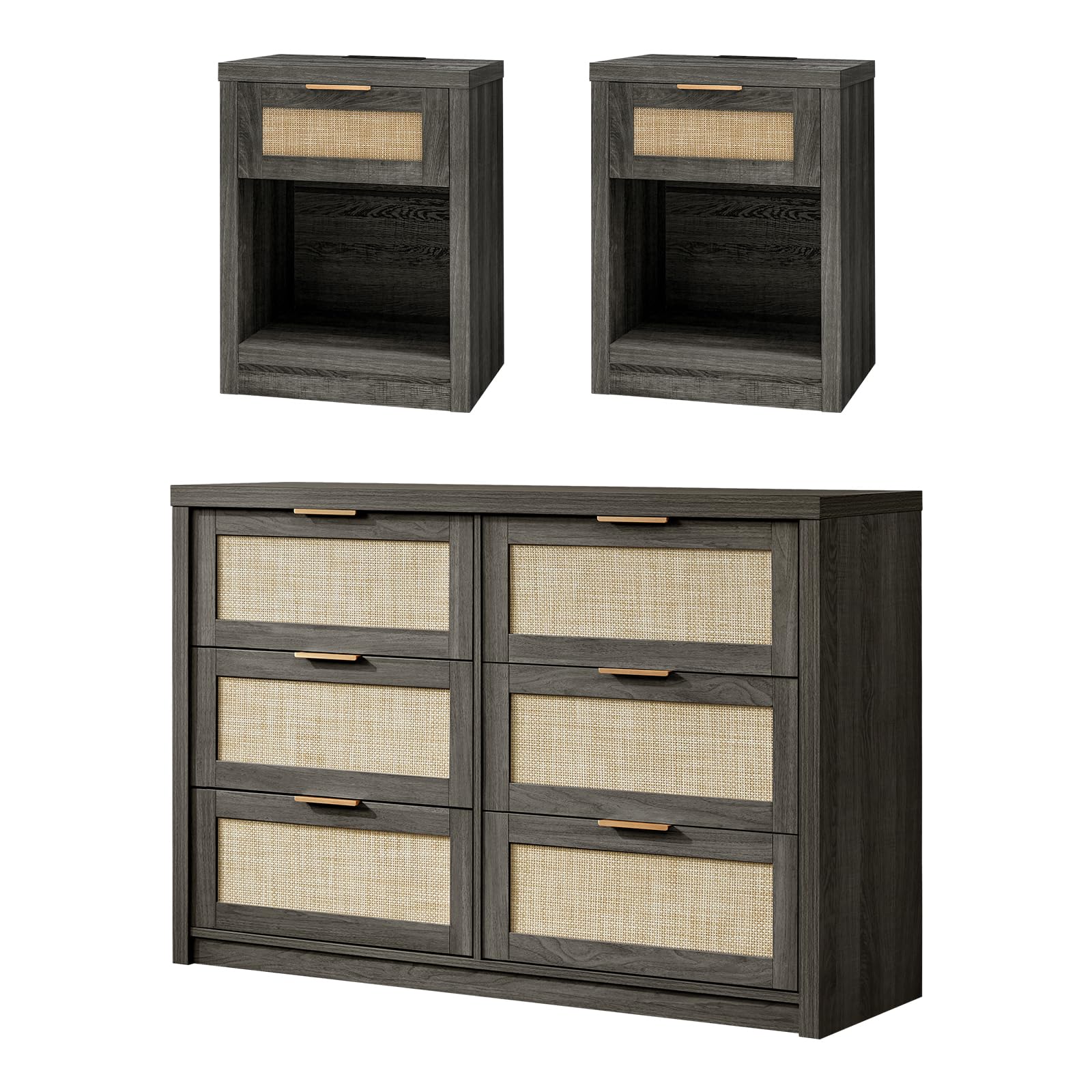 Boho Rattan Bedroom Dresser and Nightstand Set - 3 Piece Furniture with 6 Drawers & USB Type-C Charging Station | Perfect for Modern Bedrooms, Guest Rooms & Boho Chic Home Decor