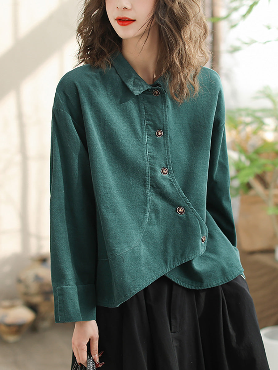 Plus Size Women's Vintage Spring Cotton Solid Shirt with Slant Closure - Casual Office Wear & Spring Outfits