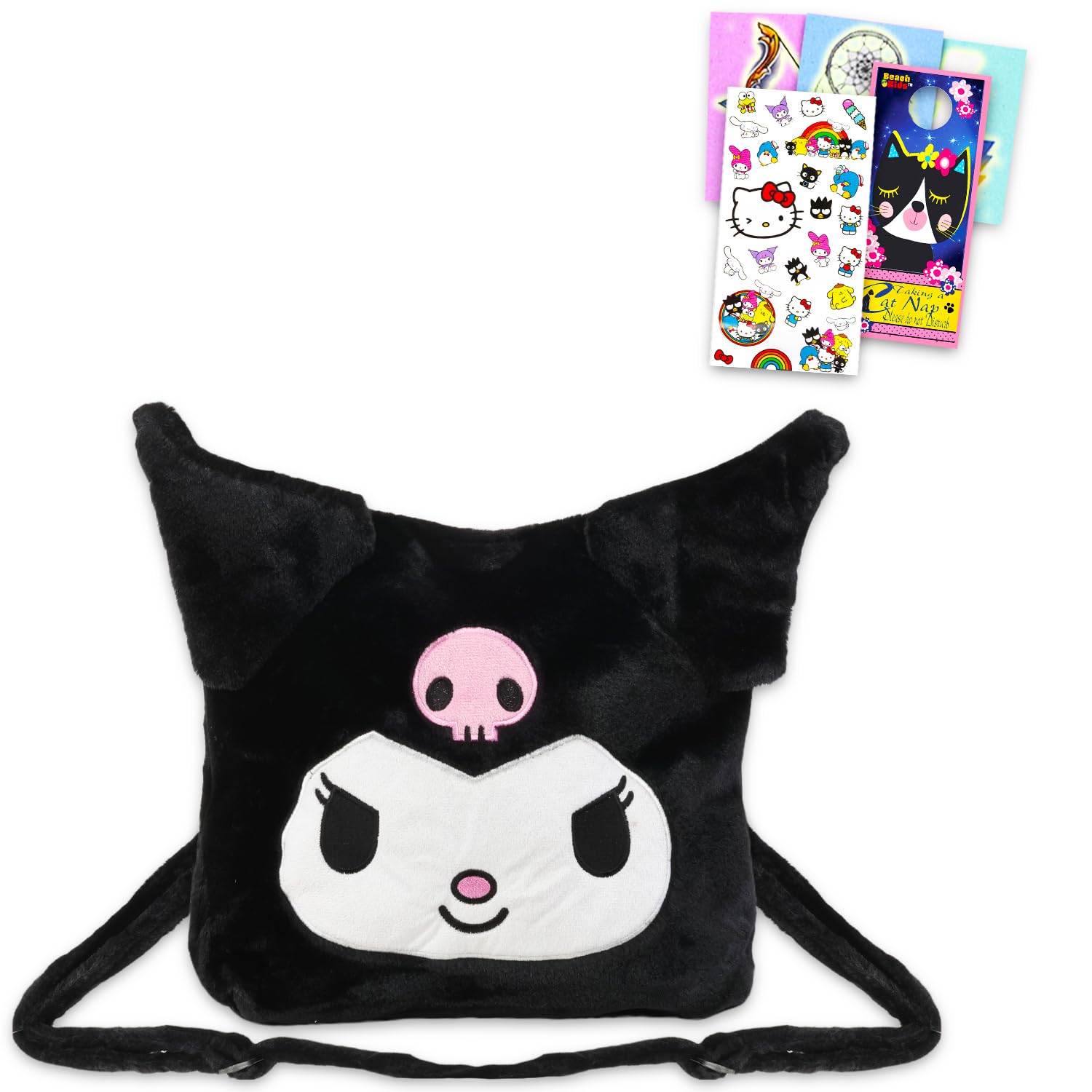 Kuromi Plush Purse Set with Plushie, Stickers & Tattoos | Cute Sanrio Hello Kitty Friend Character Crossbody Bag for Girls | Perfect Gift for Birthday, Cosplay & Kawaii Fashion Accessories