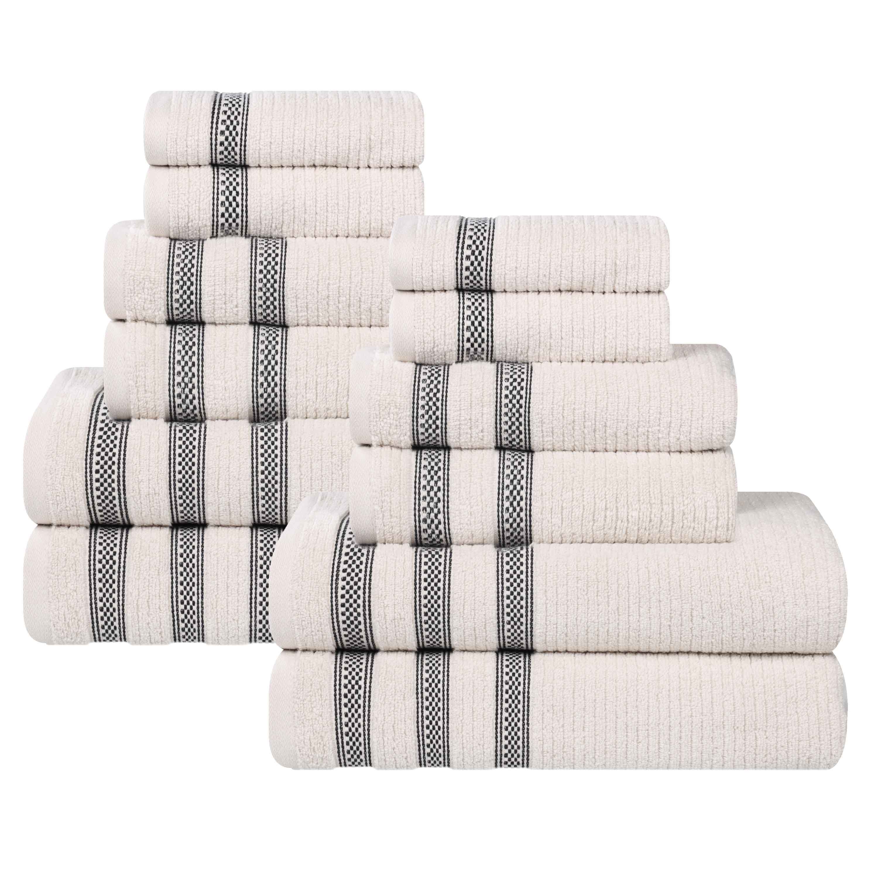 12-Piece Zero Twist Cotton Ribbed Geometric Border Plush Towel Set – Ultra Soft Bath & Beach Towels for Spa, Pool & Luxury Home Use