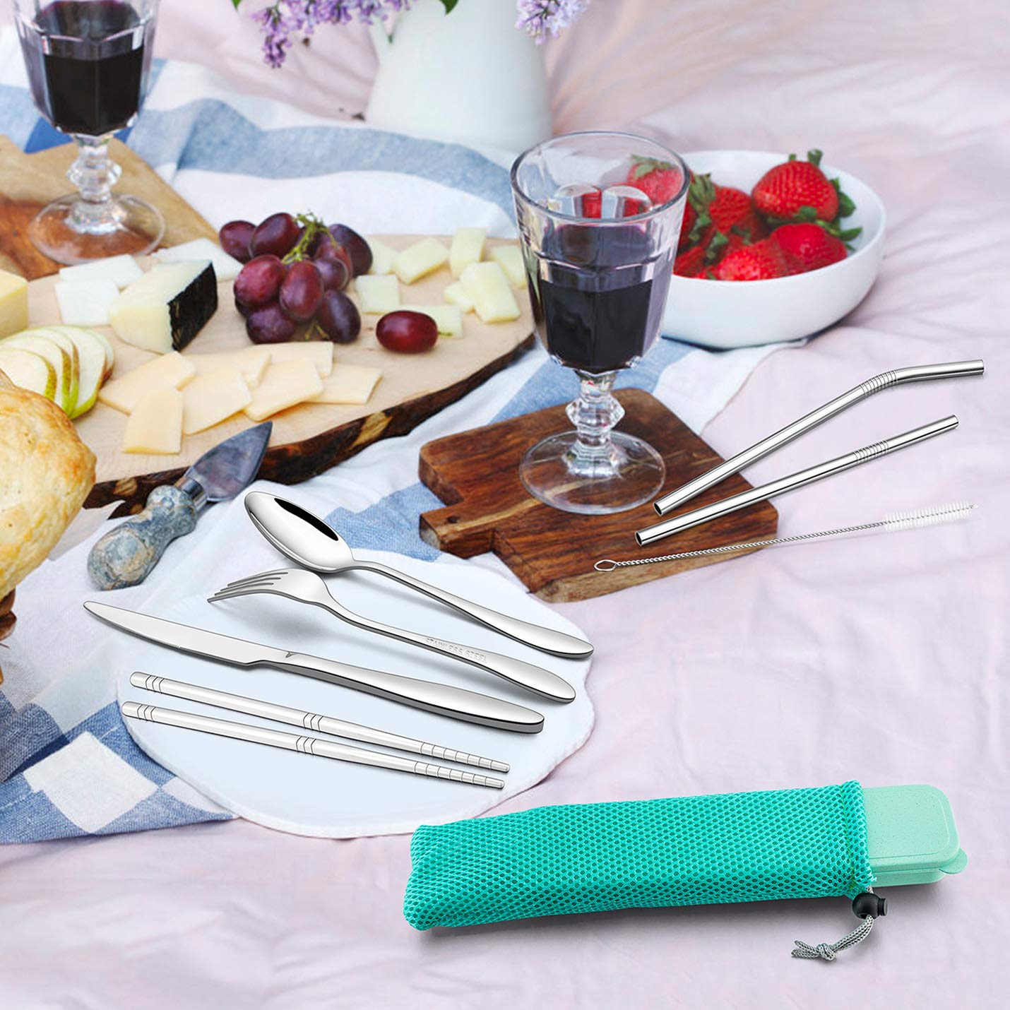 LIANYU 9-Piece Stainless Steel Travel Utensil Set with Knife, Fork, Spoon, Chopsticks, Metal Straws & Cleaning Brush | Portable Green Case | Perfect for Camping, Picnics & On-the-Go Meals