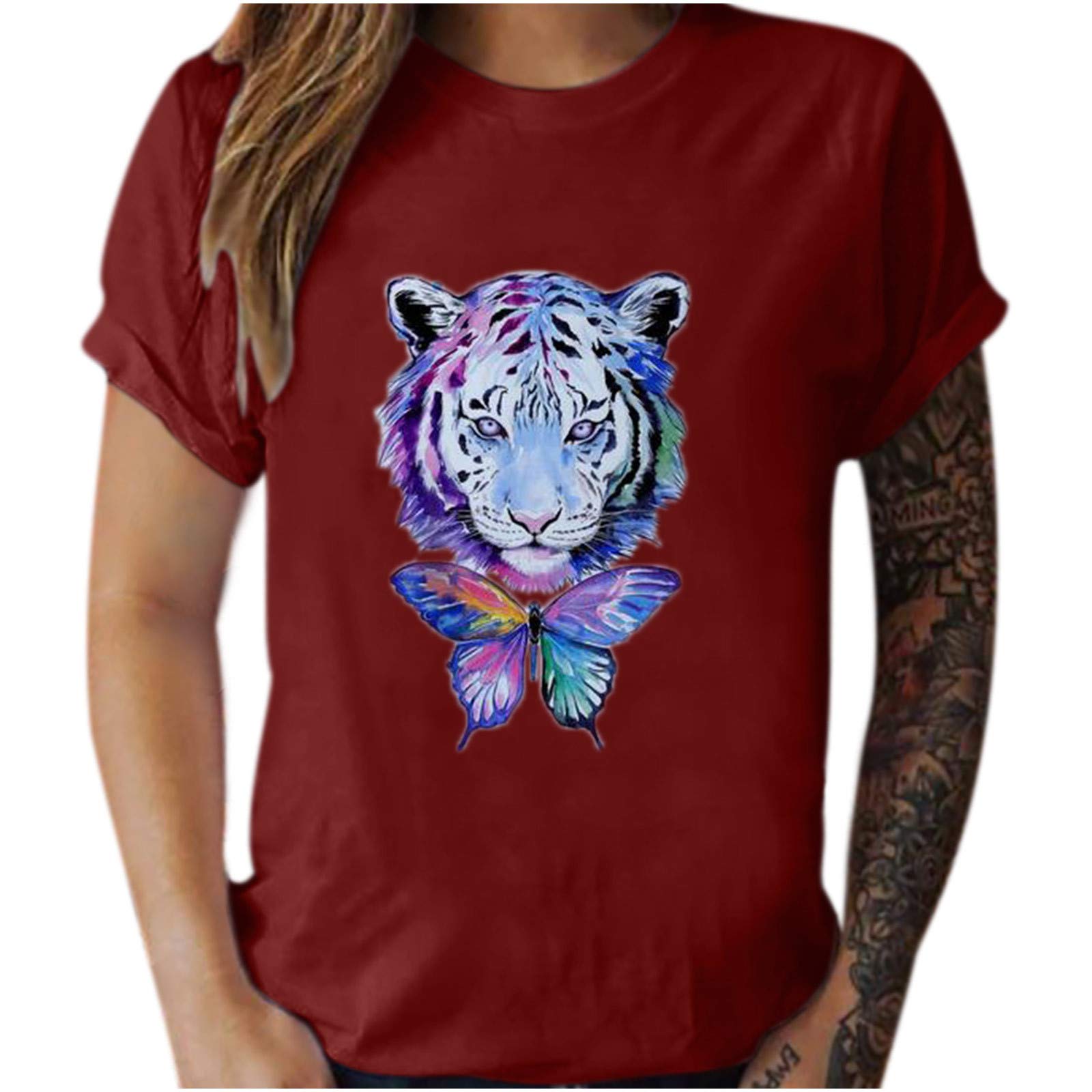Women's Vintage Animal Print Short Sleeve Blouse - Casual & Dressy Summer Tops (Red, Size S) | Perfect for Office Wear, Date Nights & Summer Outfits