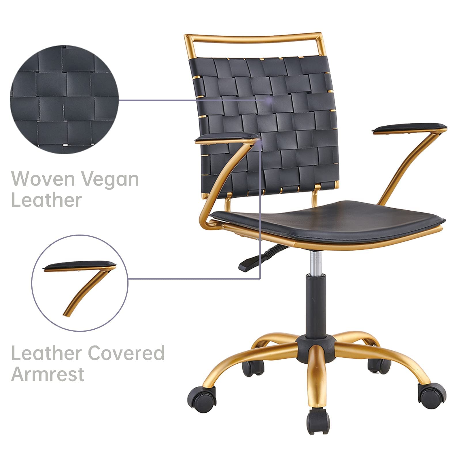 Premium Modern Leather Office Chair - Gold & Black Mid Back Swivel Task Chair with Wheels & Arms - Ergonomic Computer Desk Chair for Home & Conference Room - Comfortable for Long Work Hours (Black)