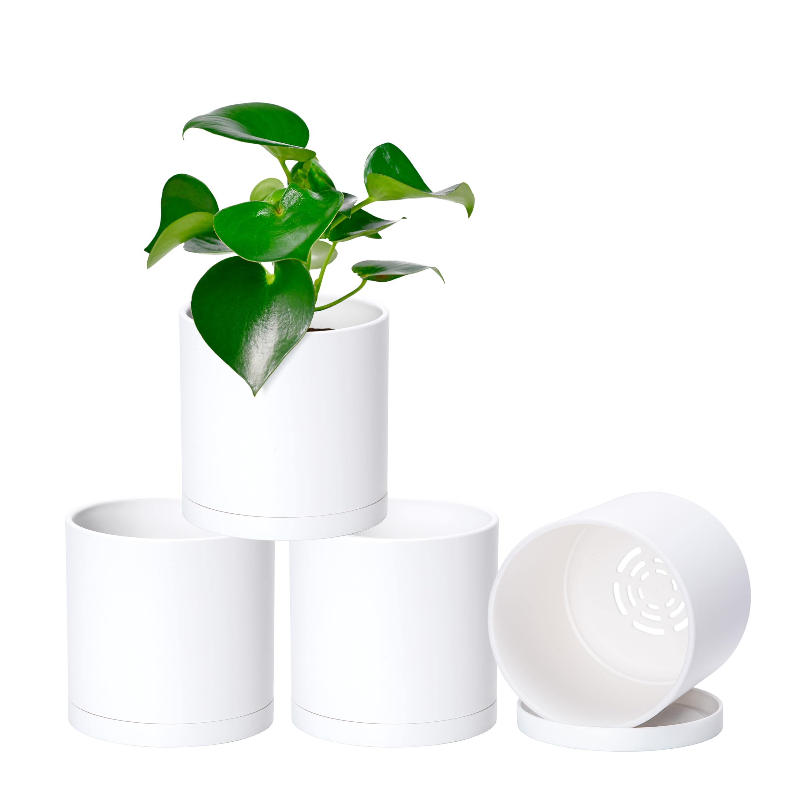 Modern White Plastic Plant Pots 4 Pack - 5 Inch Small Garden Planters with Drainage Holes & Saucers for Indoor Plants, Succulents, Herbs | D'vine Dev 74-Z-G-2 | Perfect for Home Decor, Office Desk, Balcony Gardening & Gift Ideas