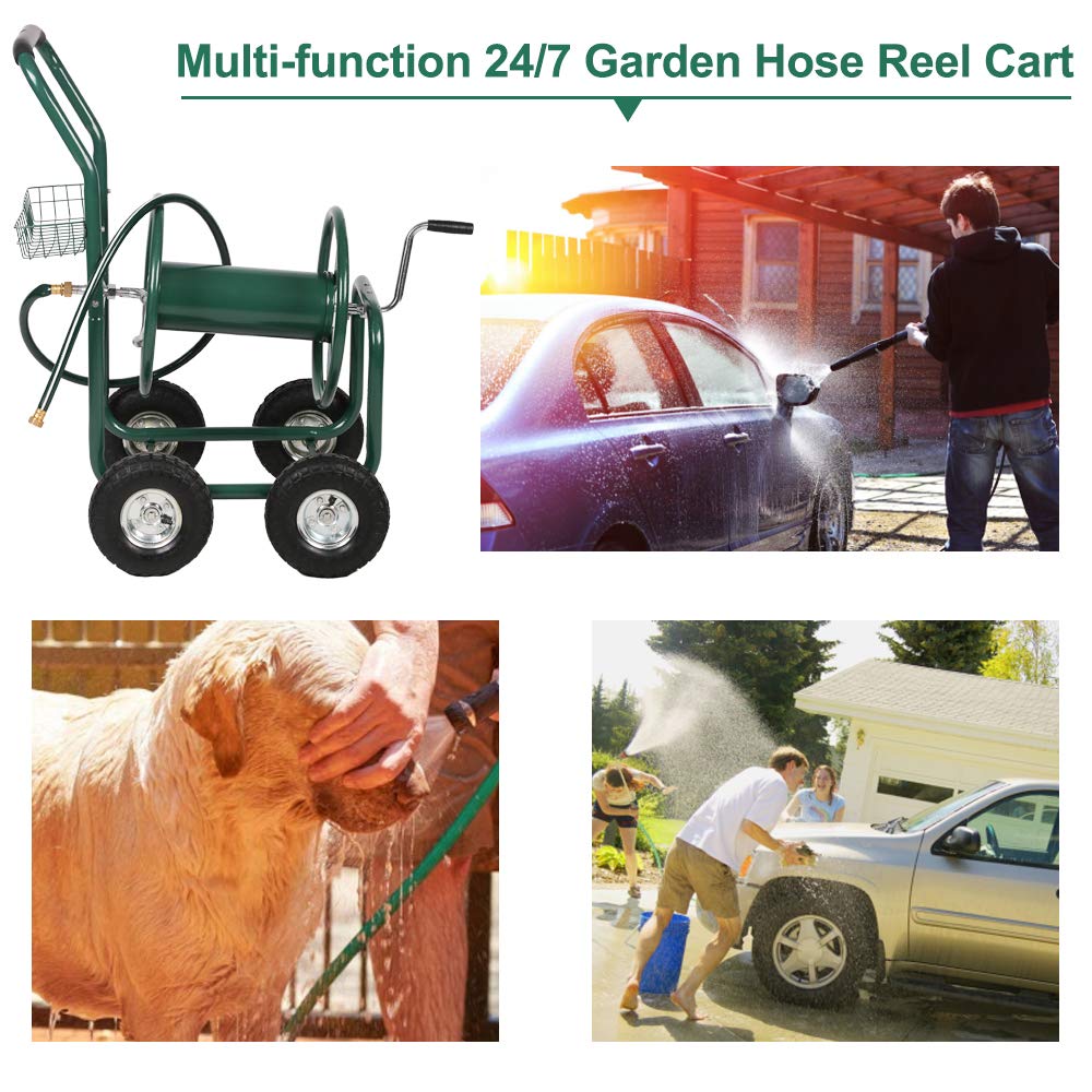 Heavy Duty Steel Garden Hose Reel Cart with Wheels & Storage Basket - Outdoor Watering Truck for Lawn, Patio, Garden - Durable Yard Hose Reel for Easy Watering & Planting | Perfect for Backyard, Greenhouse & Landscaping