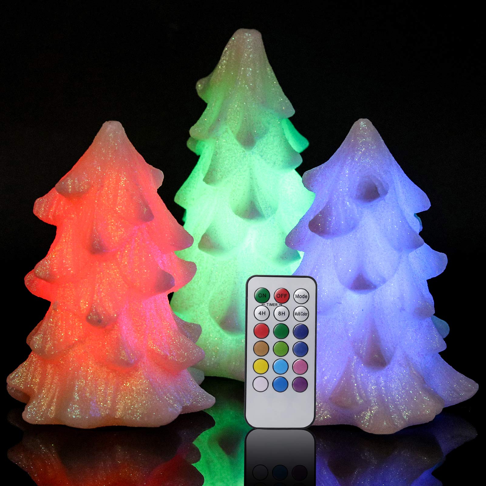 Wondise Color Changing Flameless LED Candles with Remote & Timer - Set of 3 Christmas Tree Shaped Real Wax Battery Operated Candles for Home Decor, Holiday Lighting & Party Ambiance (Ivory)