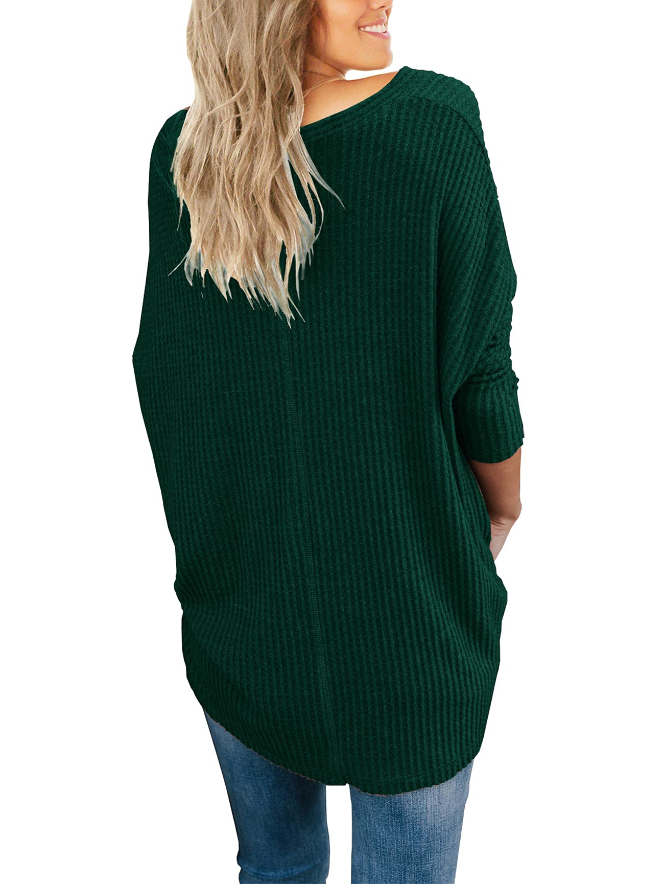 IWOLLENCE Women's Waffle Knit Tunic Blouse - Tie Knot Henley Top Loose Fit Batwing Sleeve Casual Shirt for Work, Date Night & Everyday Wear