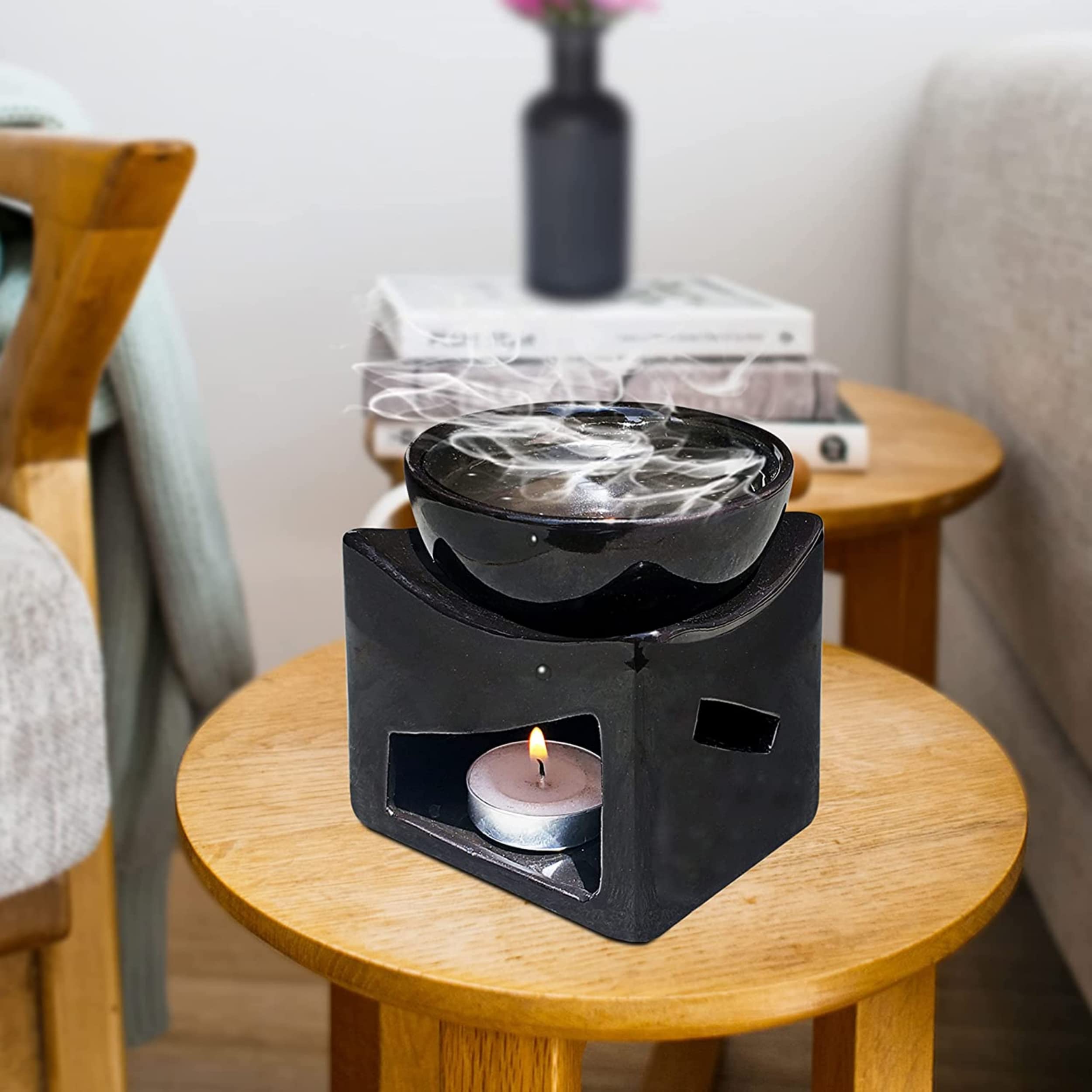 Pure Source India Ceramic Clay Aroma Oil Diffuser & Candle Holder - 4.25 Inch Extra Large Bowl with Tealight (Black) - Perfect for Aromatherapy, Home Decor, Yoga & Meditation Spaces