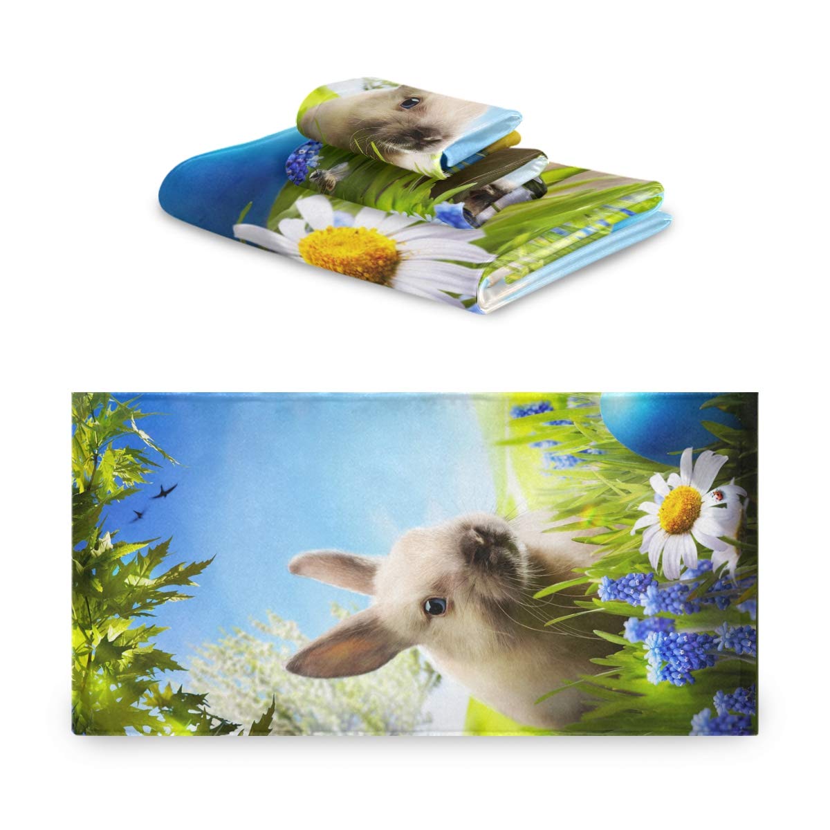 Easter Bath Towel Set - 3 Piece Highly Absorbent Bunny & Egg Design Bathroom Towels for Kids & Adults - Soft Washcloth, Hand Towel & Bath Towel for Easter Decorations & Spring Home Decor