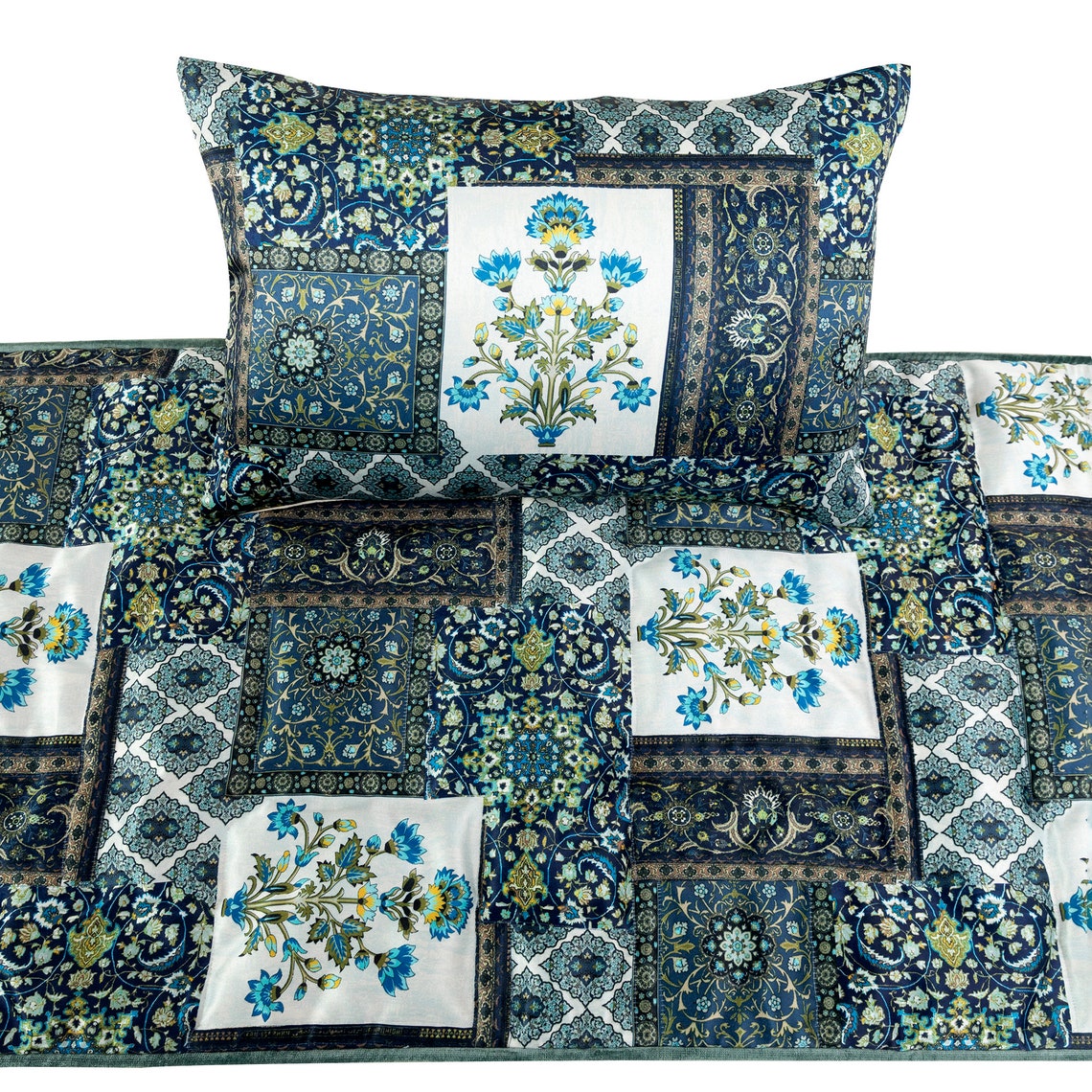 Bahar Satin Blue Decorative Bed Runner and Pillow Cover Set - Luxury Bedding Accent for Master Bedroom, Guest Room & Home Decor