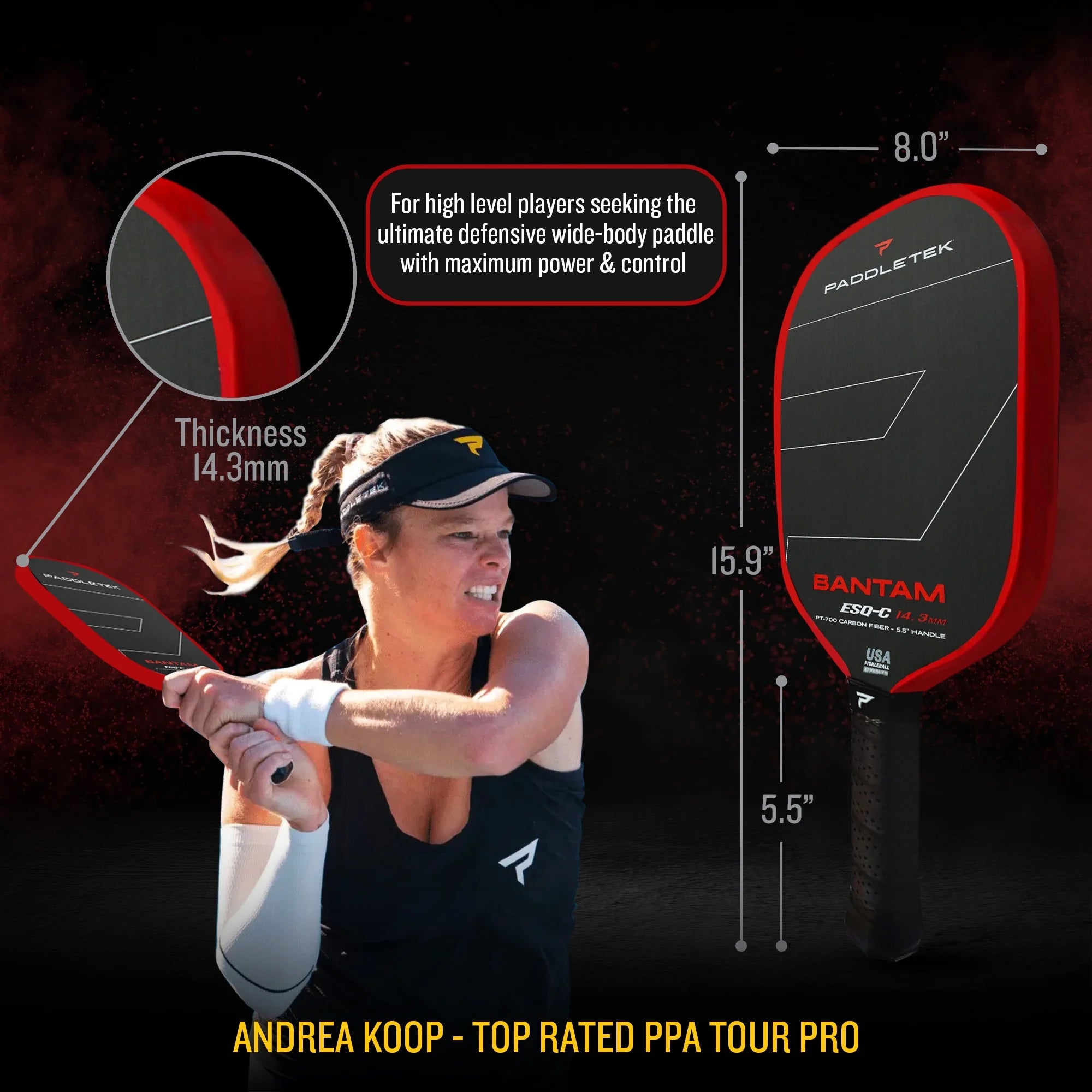 Paddletek Bantam ESQ C 14.3mm Pickleball Paddle - Lightweight Carbon Fiber Racket for Power & Control | Perfect for Tournament Play & Recreational Games