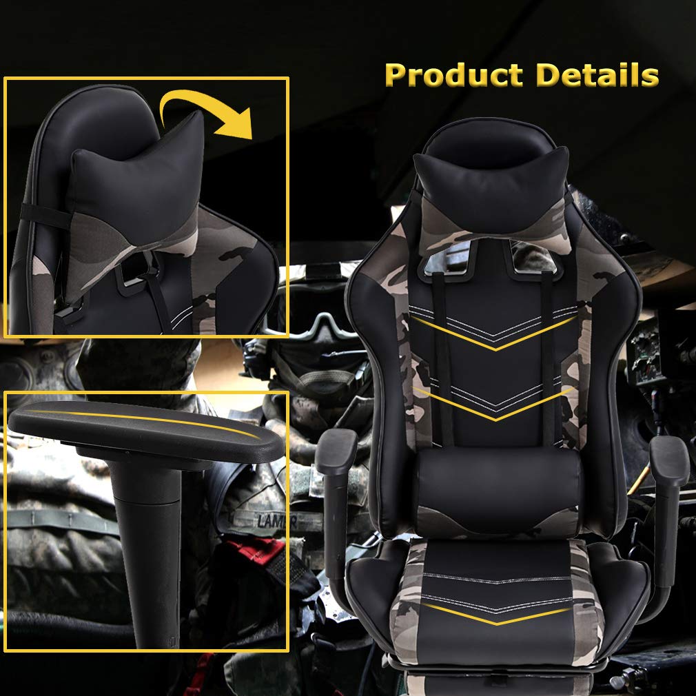 Ergonomic Gaming Chair with Lumbar Support & Headrest - PU Leather Racing Office Desk Chair for Adults - Adjustable Swivel Computer Chair with Footrest & Massage Function - Perfect for Home Office, Gaming Setup & Workstation (Camo Design)