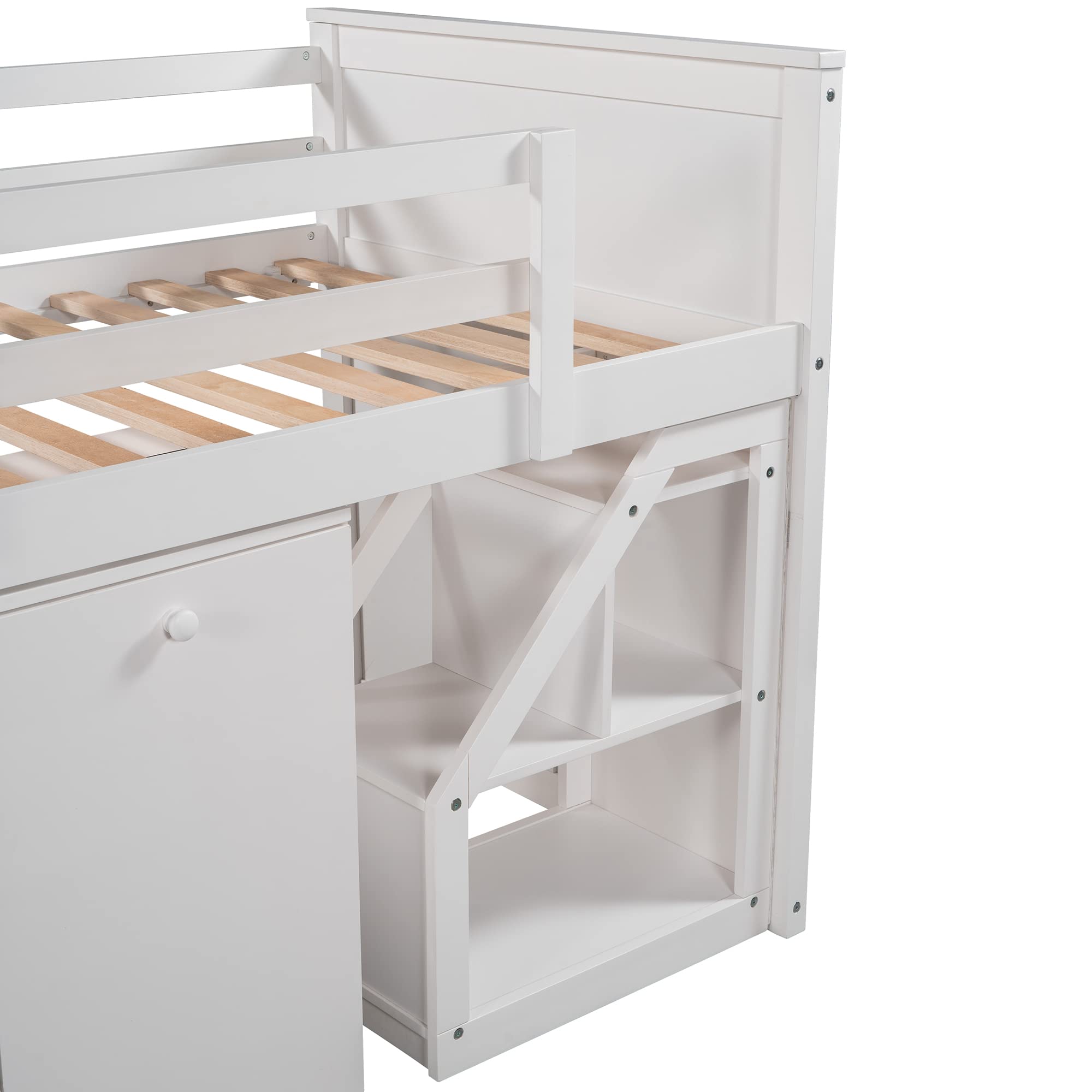 Twin Size Wooden Loft Bed with Storage Steps & Portable Desk - Sturdy Low Study Bed Frame for Teens & Kids - Space-Saving Solution for Small Bedrooms, Dorms & Apartments (White + Wood Finish)