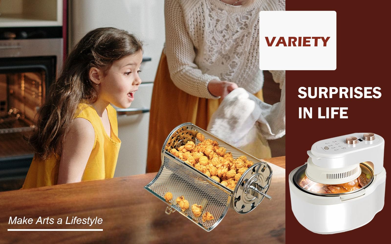 10-in-1 Multi-Function Glass Air Fryer with Rotating Basket - 8 Quart Large Capacity, Even Heating Technology, Visible Window & Explosion-Proof Design - White Gold & Beige Cream - Perfect for Healthy Cooking, Family Meals & Party Snacks