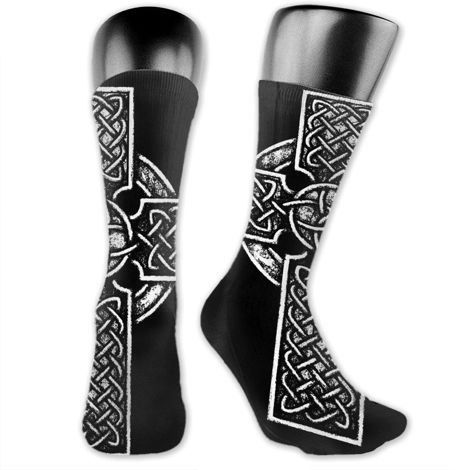 Breathable Non-Slip Celtic Cross Socks for Men & Women - Quick-Dry Crew Socks with Ancient Black & White Design - Perfect for Hiking, Church, and Everyday Wear