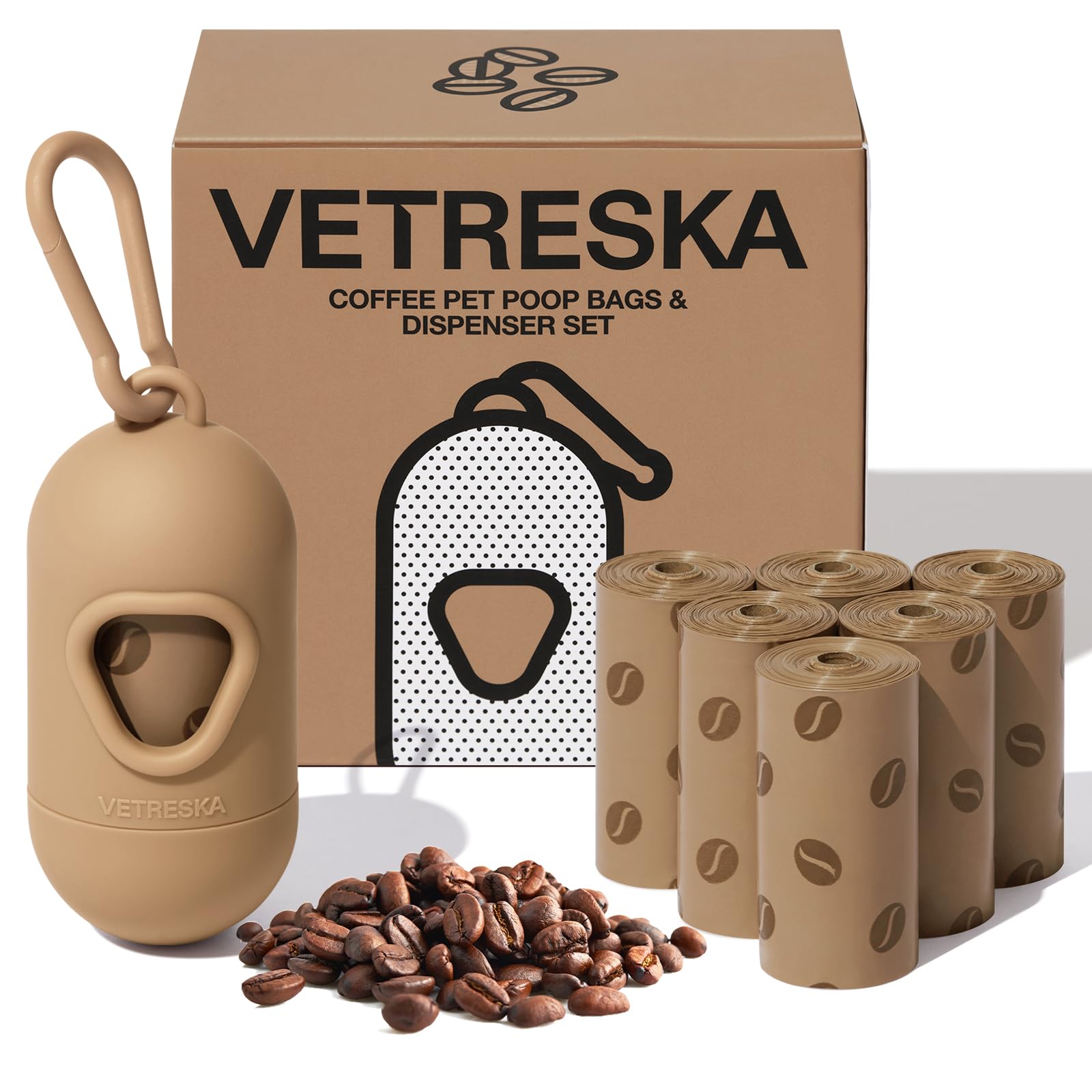 VETRESKA Scented Dog Waste Bag Dispenser with Coffee Aroma - Leak Proof, Extra Thick Pet Waste Bags - 1 Holder & 105 Bags (7 Refill Rolls) for Dogs & Cats - Perfect for Walks, Park Visits & Outdoor Adventures