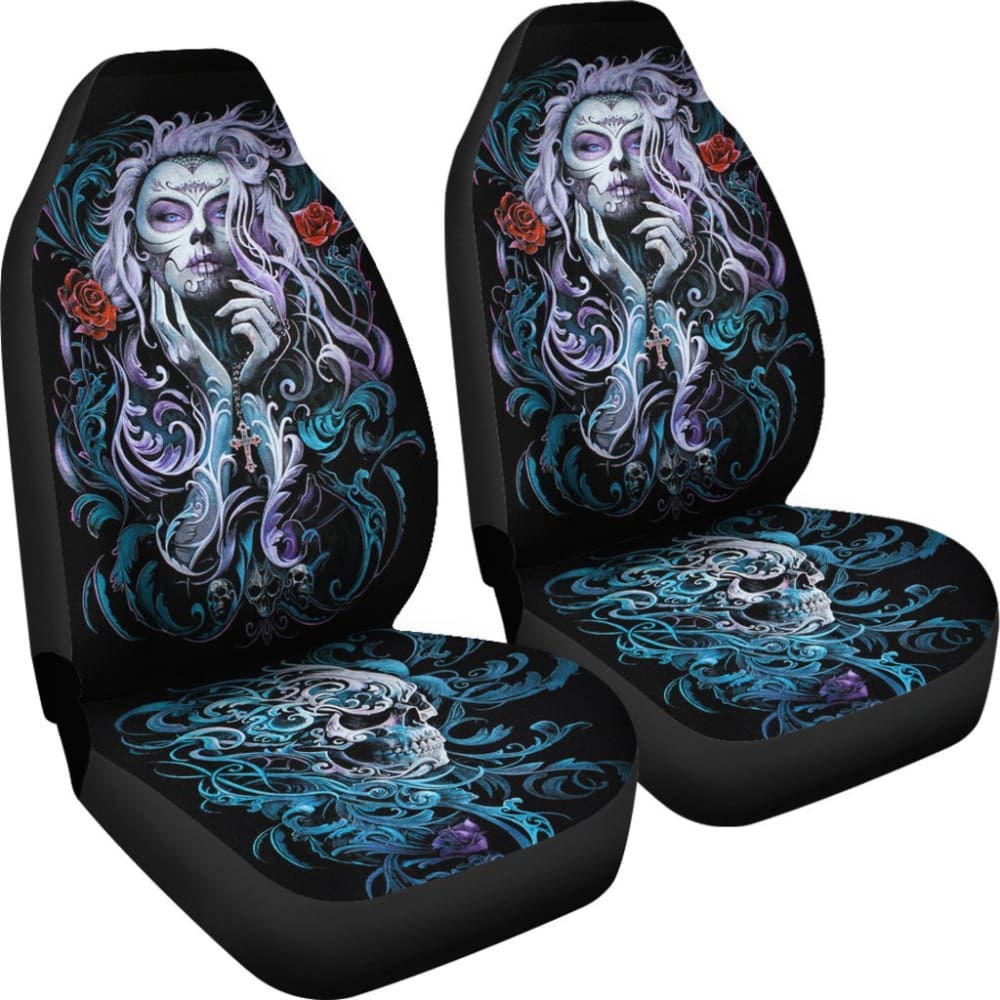2 Pcs Sugar Skull Girl Car Seat Covers - Gothic Mexican Day of the Dead Design, Universal Fit for Cars, Trucks & SUVs - Perfect for Halloween Decorations, Dia de Los Muertos Celebrations & Themed Car Accessories