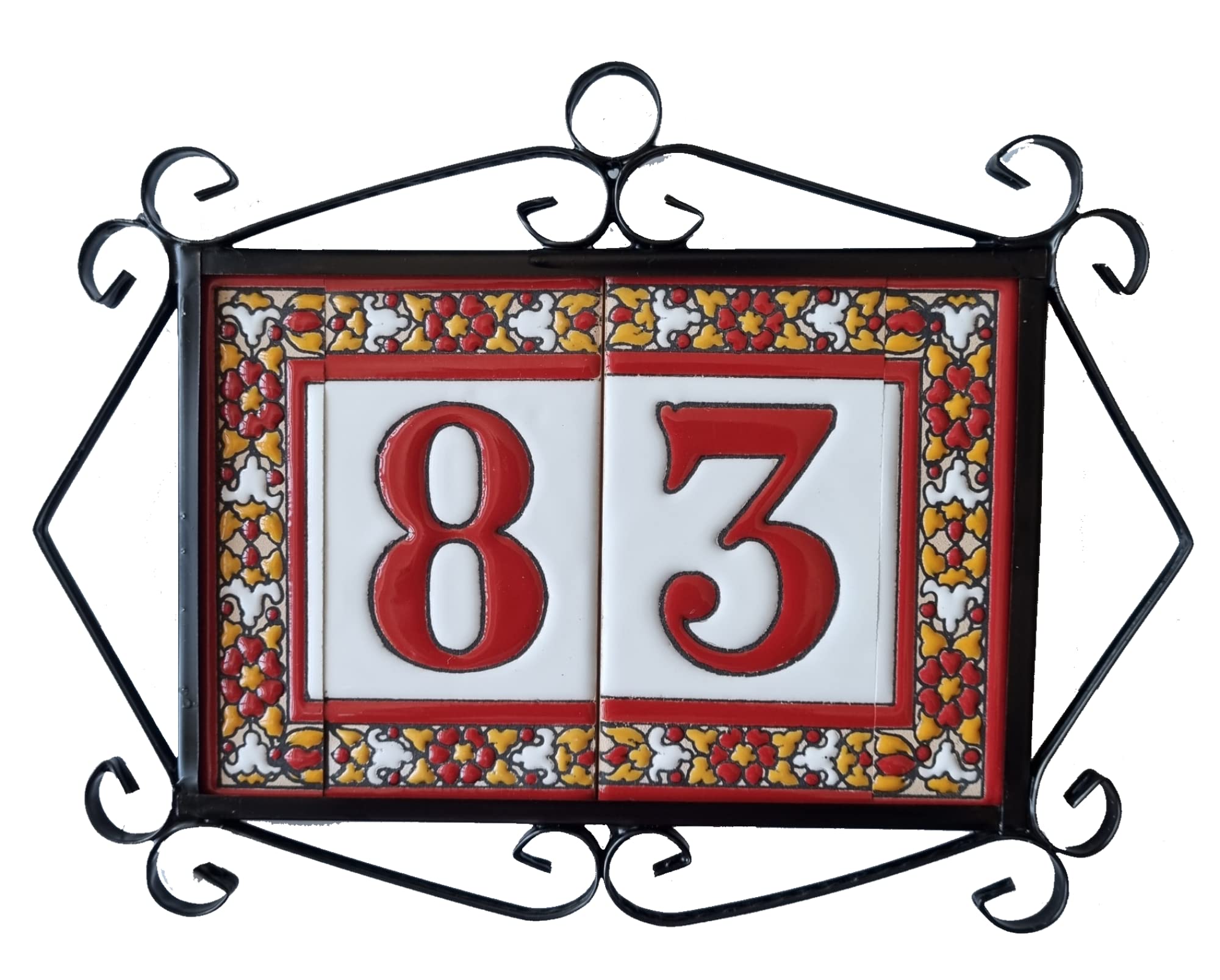 11 cm x 5.5 cm Spanish Red Floral Ceramic Number Tiles with Optional Metal Filigree Frames (8-Piece Set) - Perfect for House Address Signs, DIY Home Decor, and Wedding Table Numbers
