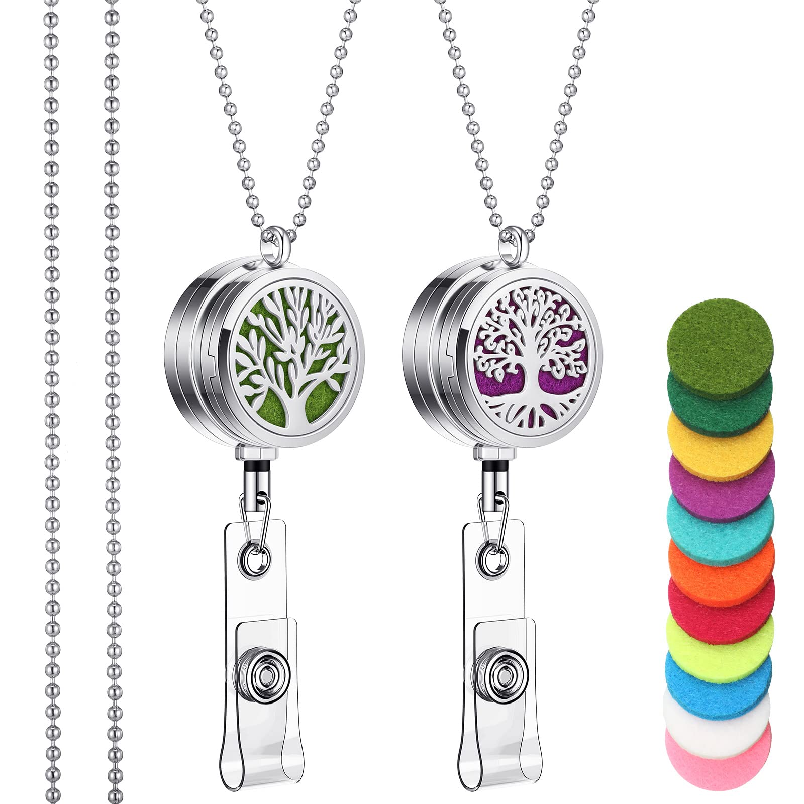 2-Pack Retractable ID Badge Lanyard with Essential Oil Diffuser - Silver Stainless Steel Keychain for Nurses & Professionals