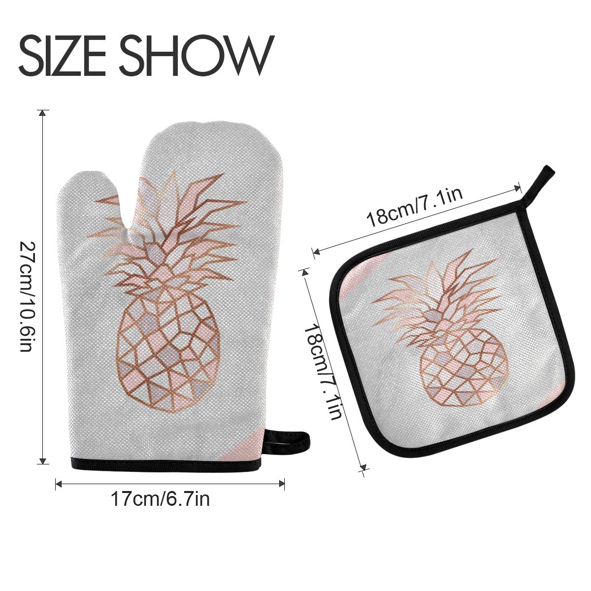 Rose Gold Pineapple Oven Mitts & Pot Holders Set - Heat Resistant Kitchen Gloves for Cooking, Baking, Grilling - Pink & White Marble Design - Perfect for Home Kitchen, BBQ, and Holiday Gifts