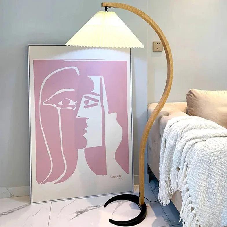 Modern Wooden Curved Fabric Floor Lamp for Bedroom - Adjustable Standing Light with Linen Shade - Perfect for Reading Nook, Living Room Corner & Cozy Nightstand Lighting