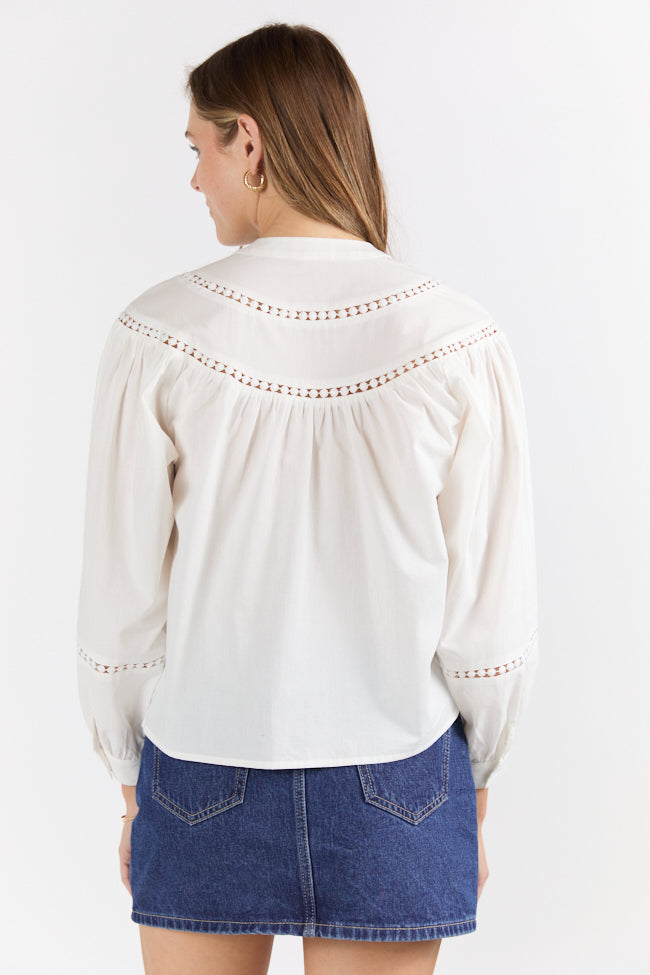 Elegant Ivory Ladder Detail Long Sleeve Woven Blouse for Women - Perfect for Office Wear, Date Nights & Special Occasions