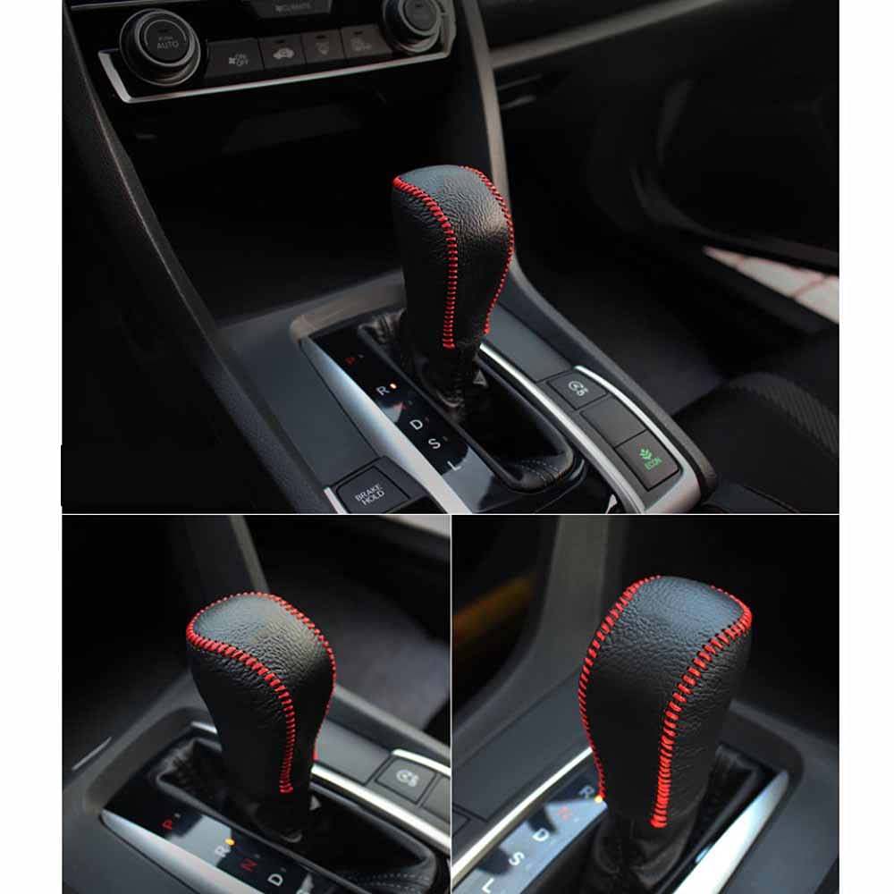 Rifoda Genuine Leather Gear Shift Knob Cover for Honda Civic 10th Gen (2016-2021) - Black with Red Stitching - Interior Car Accessories & Protective Decoration - Perfect for Daily Driving & Car Enthusiasts