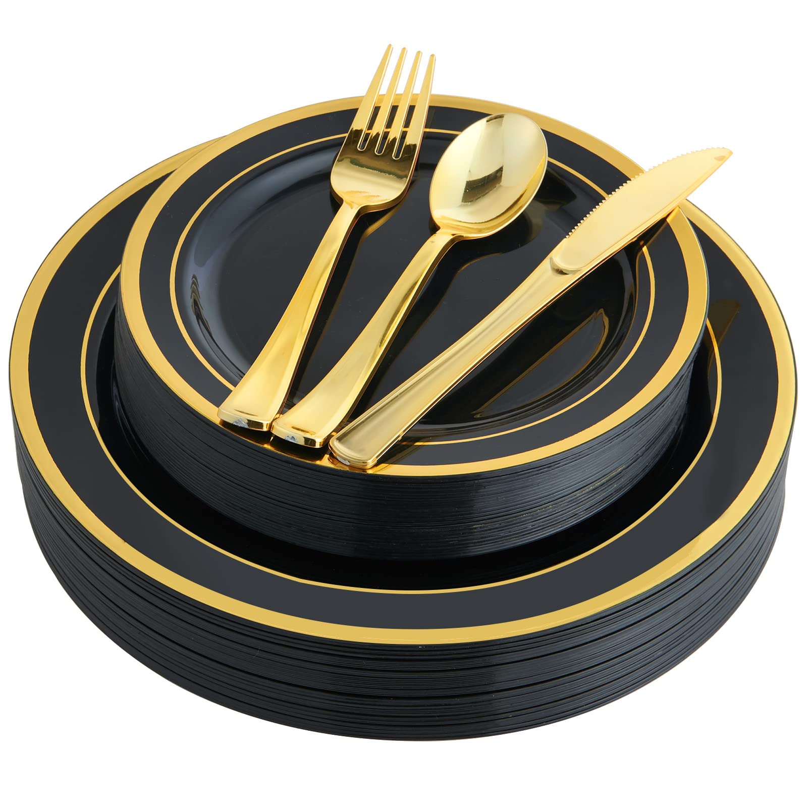 125-Piece Gold Plastic Dinnerware Set - 25 Dinner Plates, 25 Dessert Plates & Gold Plastic Cutlery - Disposable Party Tableware for 25 Guests - Perfect for Weddings, Halloween & Special Events