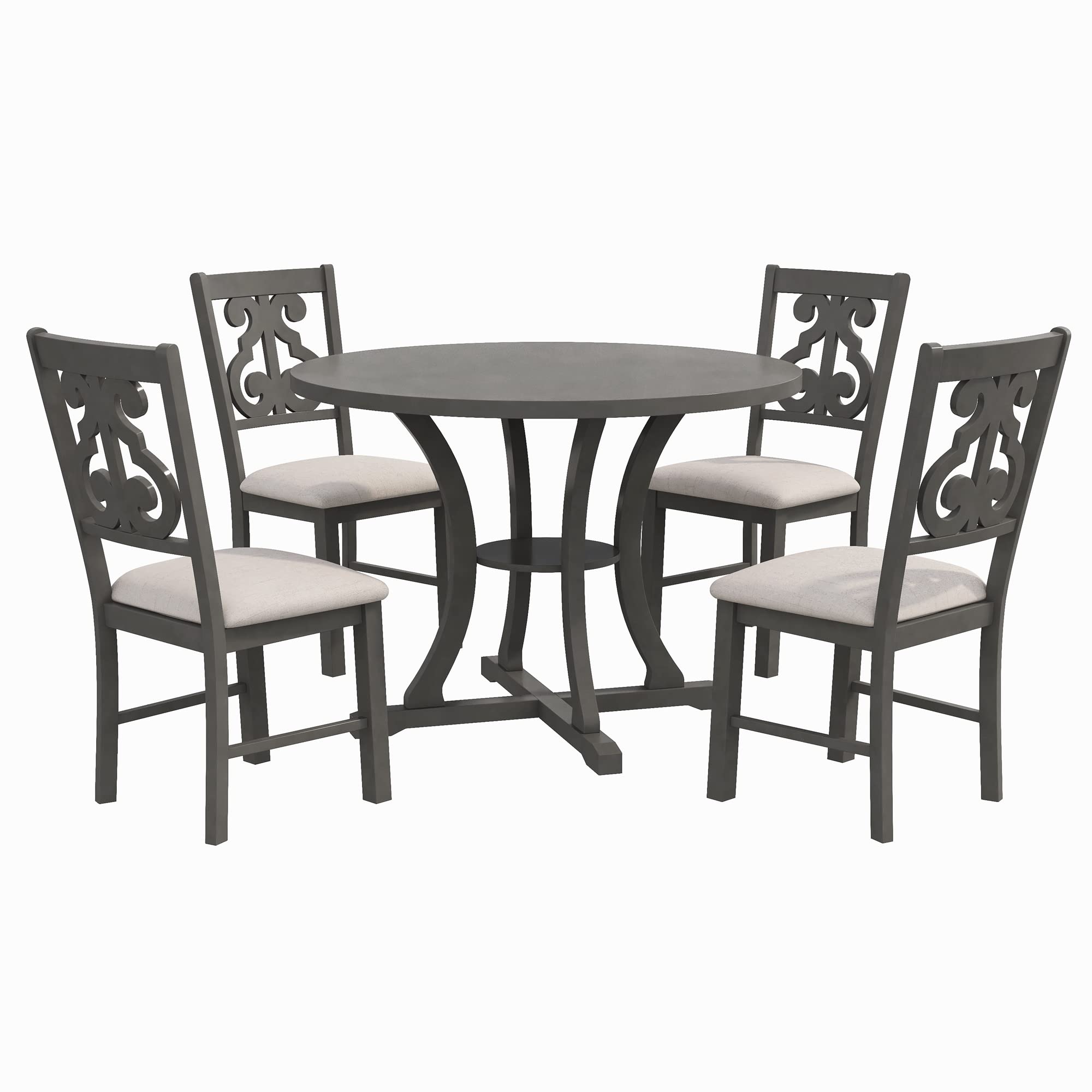 Polibi 5-Piece Round Wooden Dining Table Set with Unique Shaped Legs & 4 Elegant Hollow Back Chairs - Gray Modern Kitchen & Dining Room Furniture for Family Gatherings & Dinner Parties