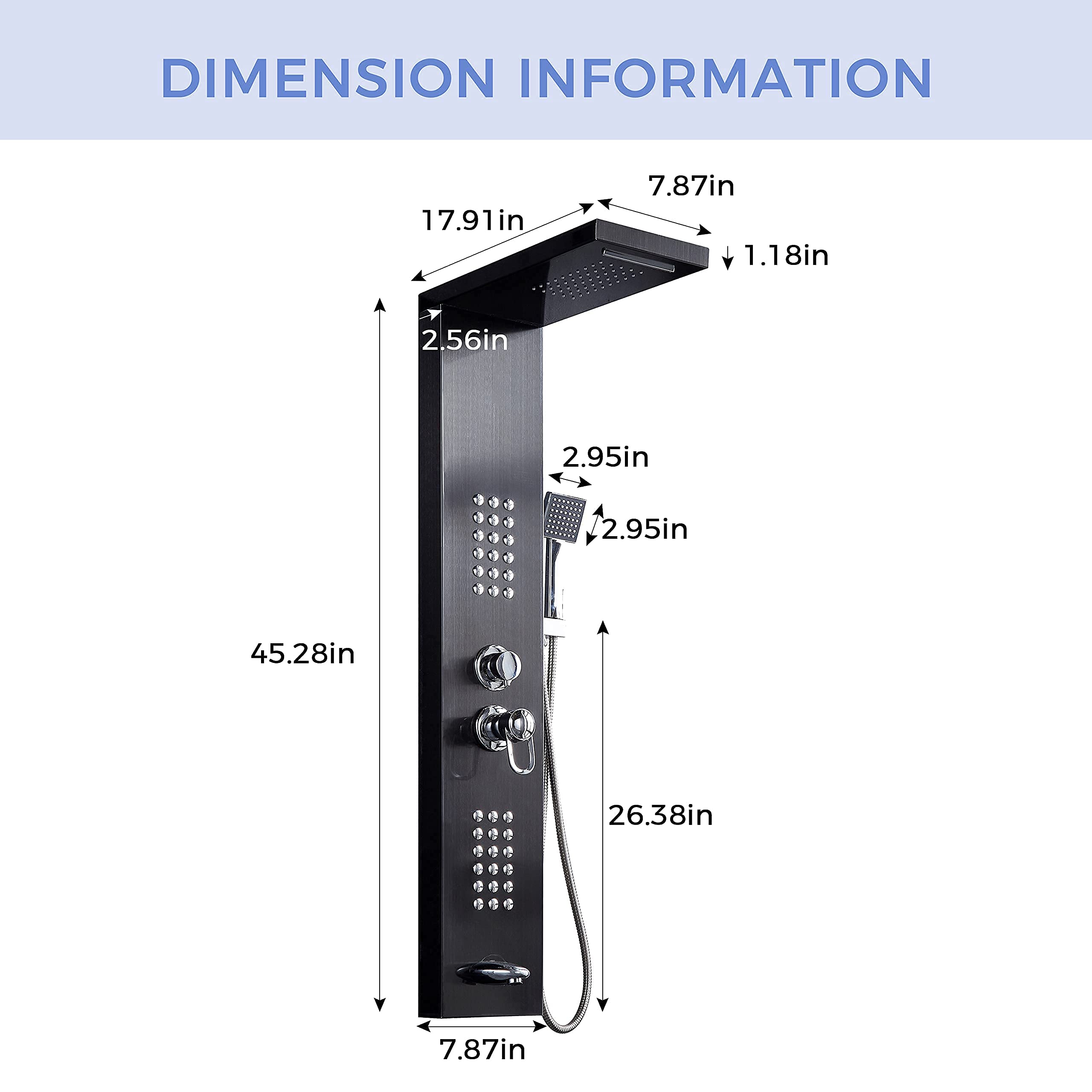 Delavin Multi-Function Shower Panel System - Stainless Steel Rainfall & Waterfall Shower Tower with Body Jets, Tub Spout & Handheld Shower | Brushed Black Finish | Perfect for Luxury Bathroom Renovation & Spa-Like Shower Experience
