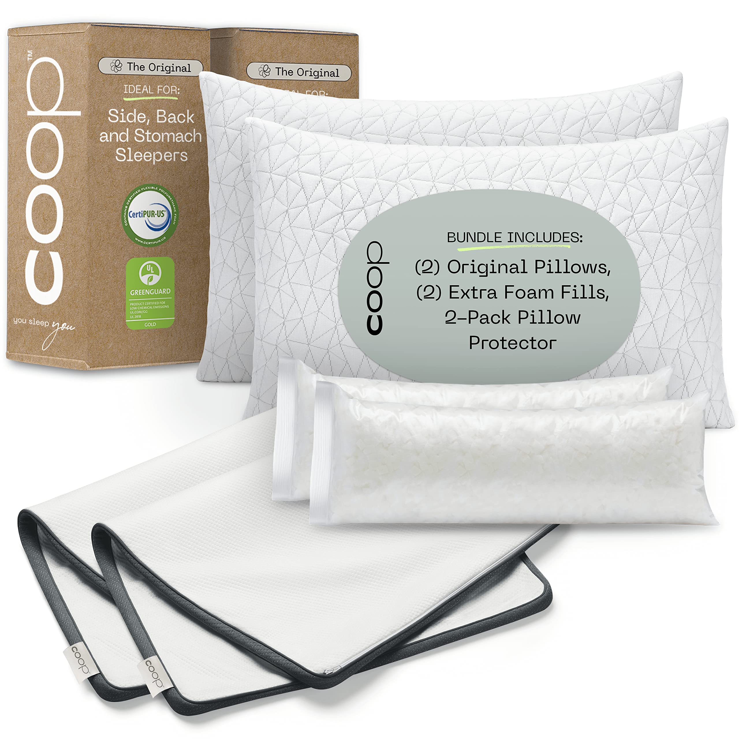 Coop Home Goods King Size Pillow Bundle - 2 Original Loft Pillows & 2 UltraTech Waterproof Pillow Protectors | Hypoallergenic Bedding Set for Side Sleepers & Back Sleepers | Perfect for Hotels, Guest Rooms & Master Bedrooms