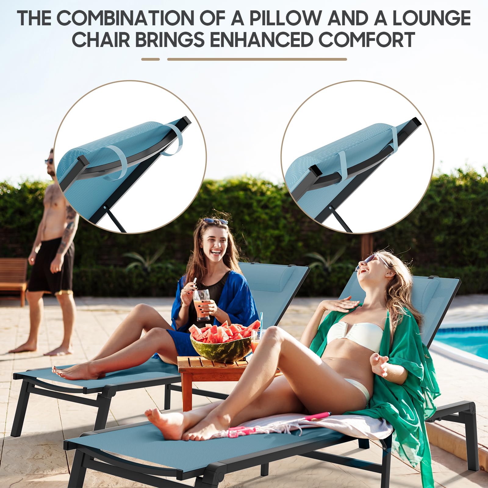 WOAJN 2-Pack Aluminum Patio Chaise Lounge Chairs - 5-Position Adjustable Backrest, Foldable Outdoor Poolside Chairs for Deck, Beach, Lawn & Backyard - Lightweight & Durable (Blue) | Perfect for Sunbathing, Relaxing by the Pool or Beach Vacation