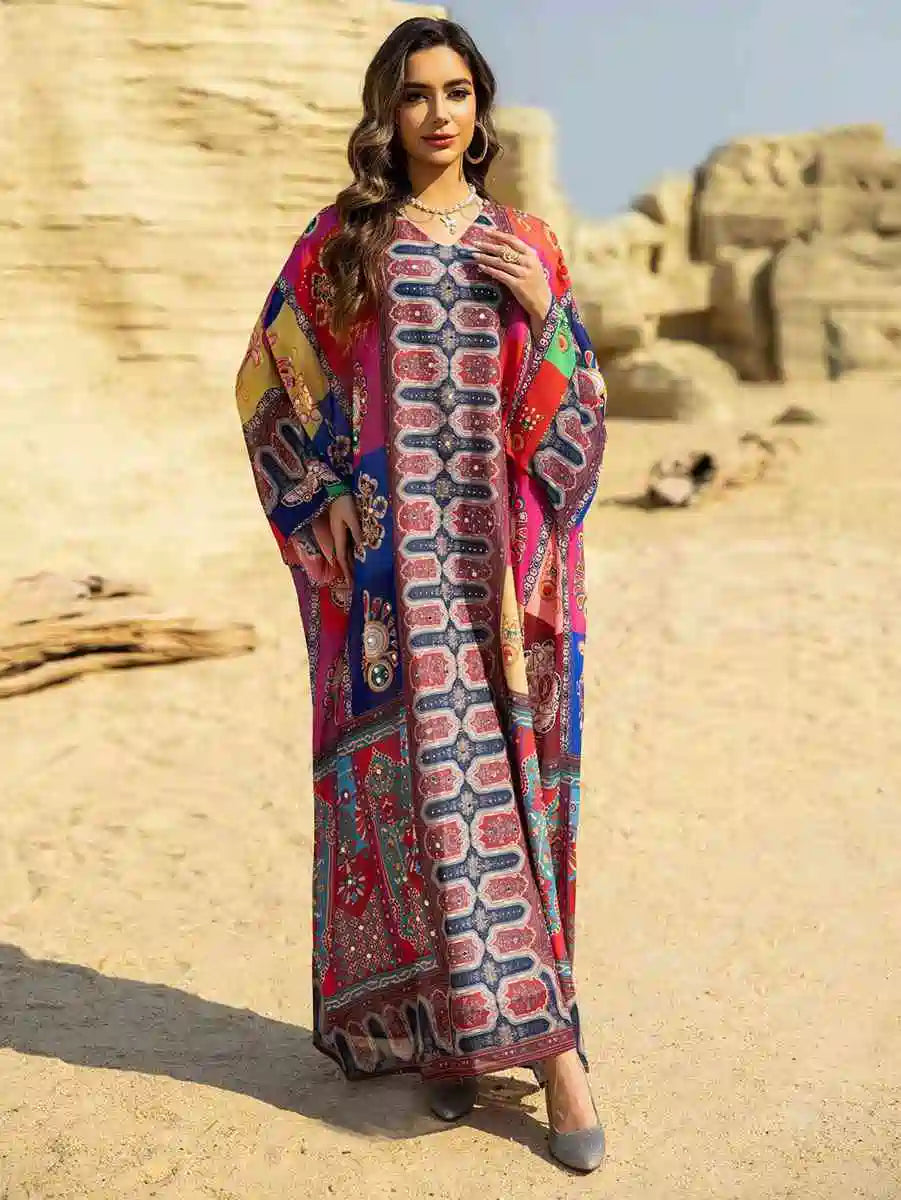 Hotfix Rhinestone Chiffon Printed Caftan Kaftan Dress - Elegant Party Wear for Eid, Wedding, Bridal Shower & Special Occasions | Style #25466