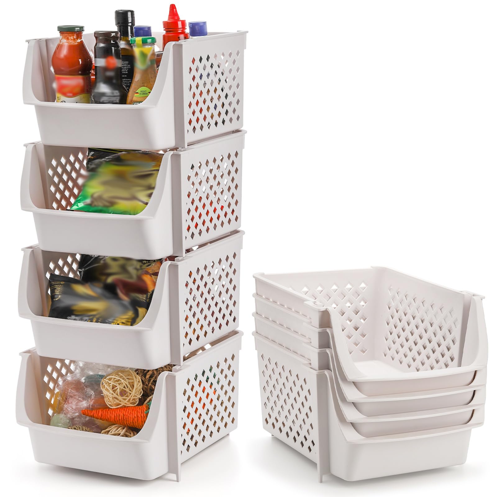 YOUEON 4-Pack Stackable Open Front Storage Bins - Plastic Organizer Containers for Food, Snacks, Toys & Toiletries - Multi-Use for Kitchen, Bathroom, Pantry Organization (Beige) | Perfect for Home, Office & Kids Room Storage Solutions