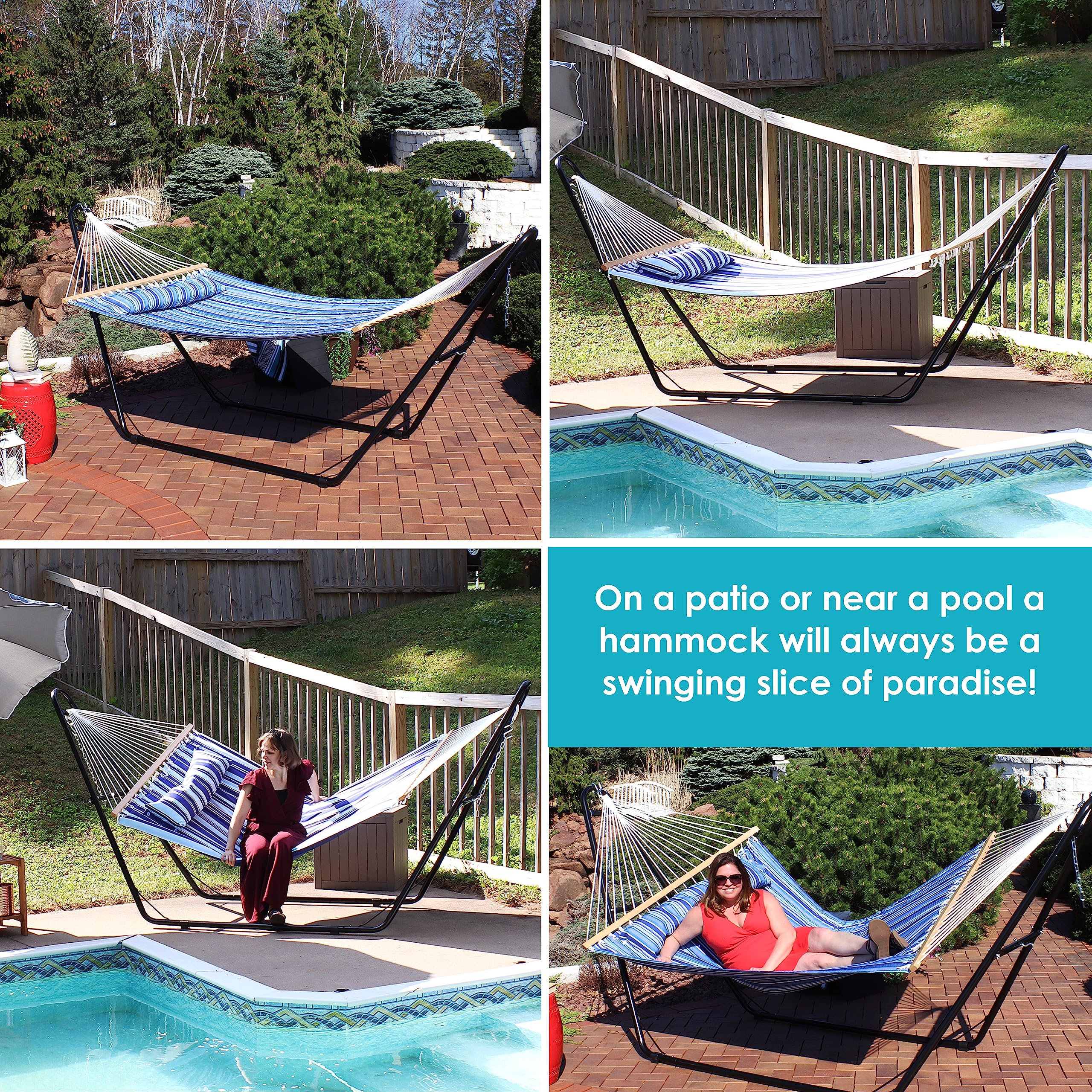 Sunnydaze Double Quilted Fabric Hammock with Universal Steel Stand - 450 lb Weight Capacity - Black - Catalina Beach Pattern - Perfect for Backyard, Patio, Poolside & Beach Relaxation