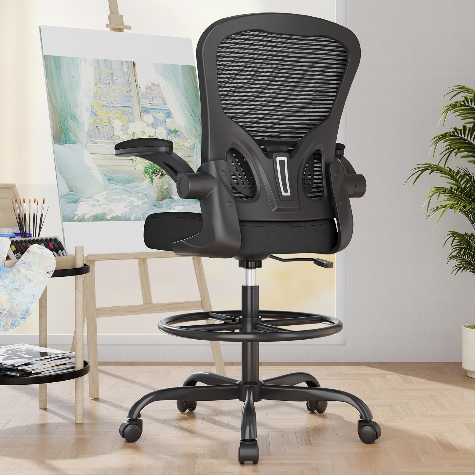 Synorla Ergonomic Drafting Chair - Adjustable Height Office Chair with Flip-Up Armrests, Breathable Mesh Back & Lumbar Support, Footrest Ring for Standing Desks - Perfect for Home Office, Studio & Architectural Workstations