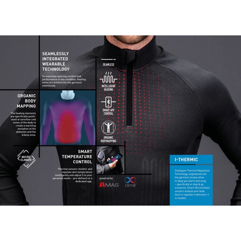Odlo Men's Heated Ski Base Layer 1/2 Zip - Thermal Underwear for Cold Weather - Perfect for Skiing, Snowboarding & Winter Outdoor Activities