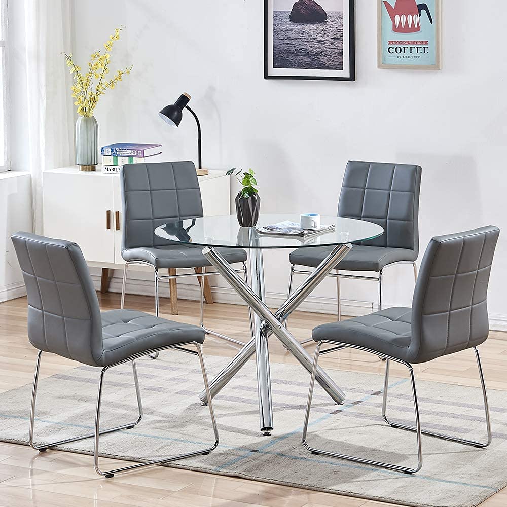 Modern Grey Faux Leather Dining Chairs Set of 2 - Comfortable Kitchen & Dining Room Chairs with Chrome Legs - Perfect for Home, Office, Restaurant & Waiting Areas