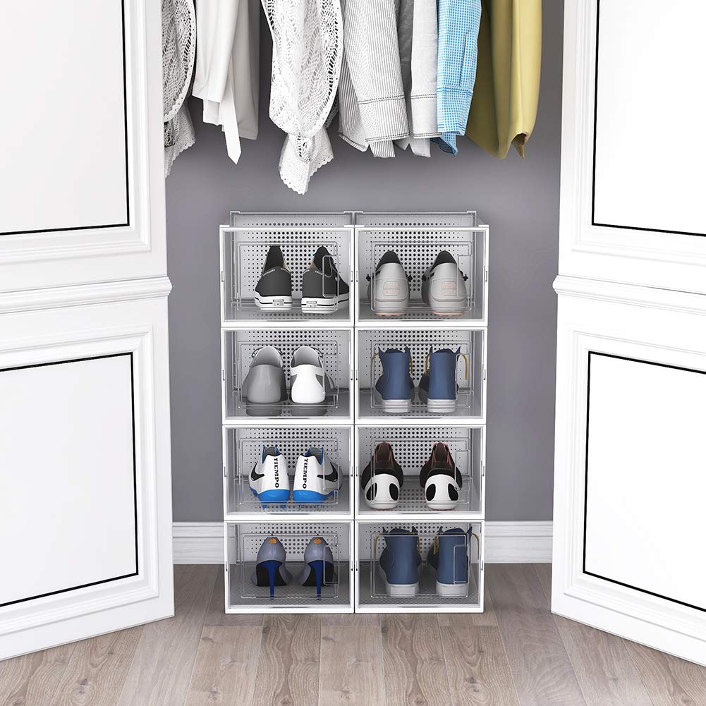 Stackable Clear Shoe Storage Box - Large Interlocking Plastic Shoe Organizer with Lid (White/Transparent) | Perfect for Closet Organization & Sneaker Collection Display