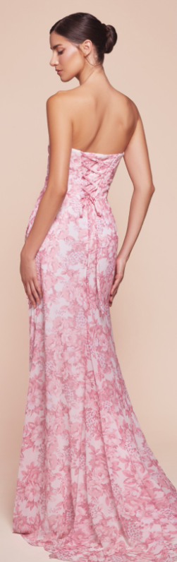 MARTA GOWN Blue Strapless Floral Printed Soft Chiffon Dress - Perfect for Weddings, Parties & Special Occasions